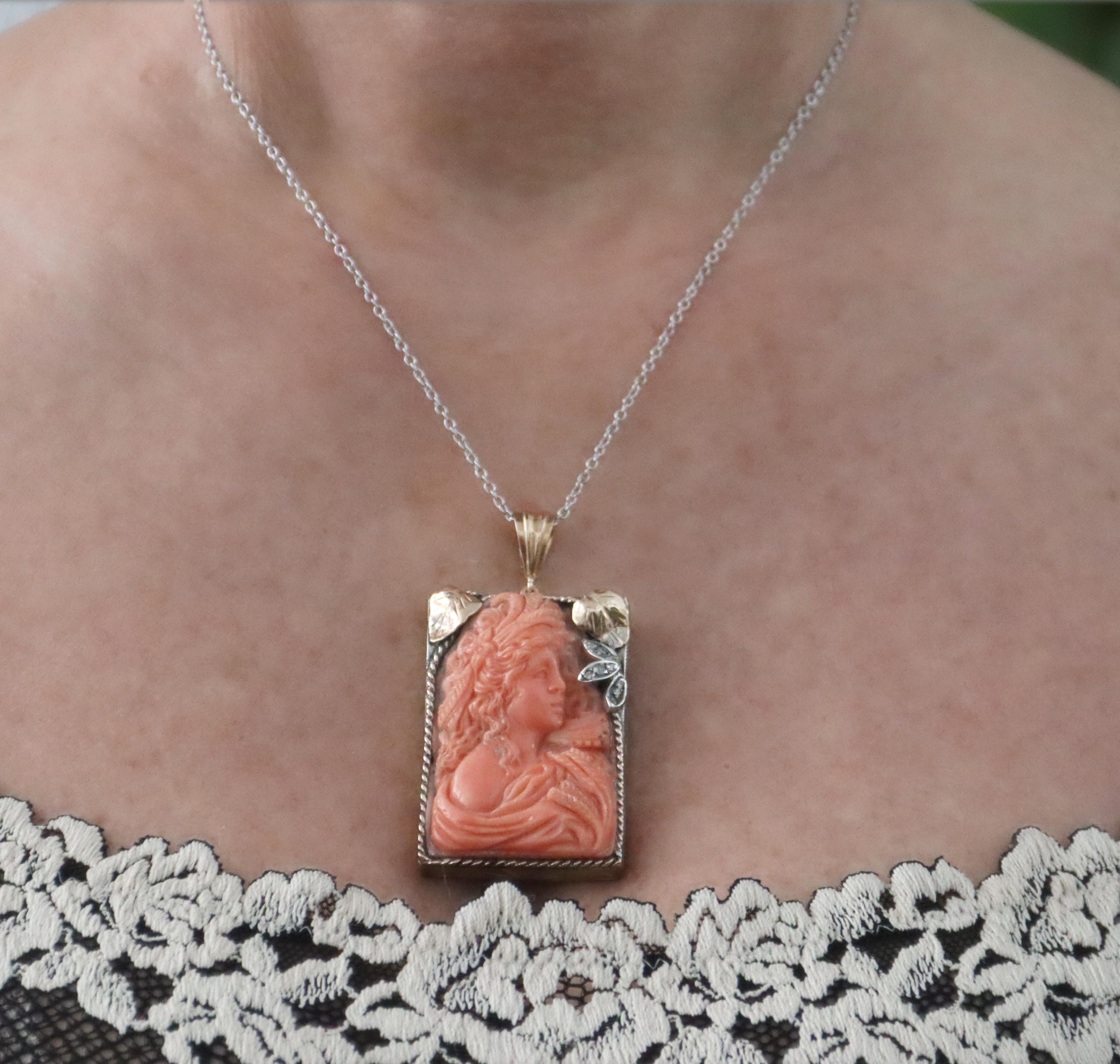 Cameo Coral Diamonds 14 Karat Yellow Gold Pendant Necklace For Sale 2