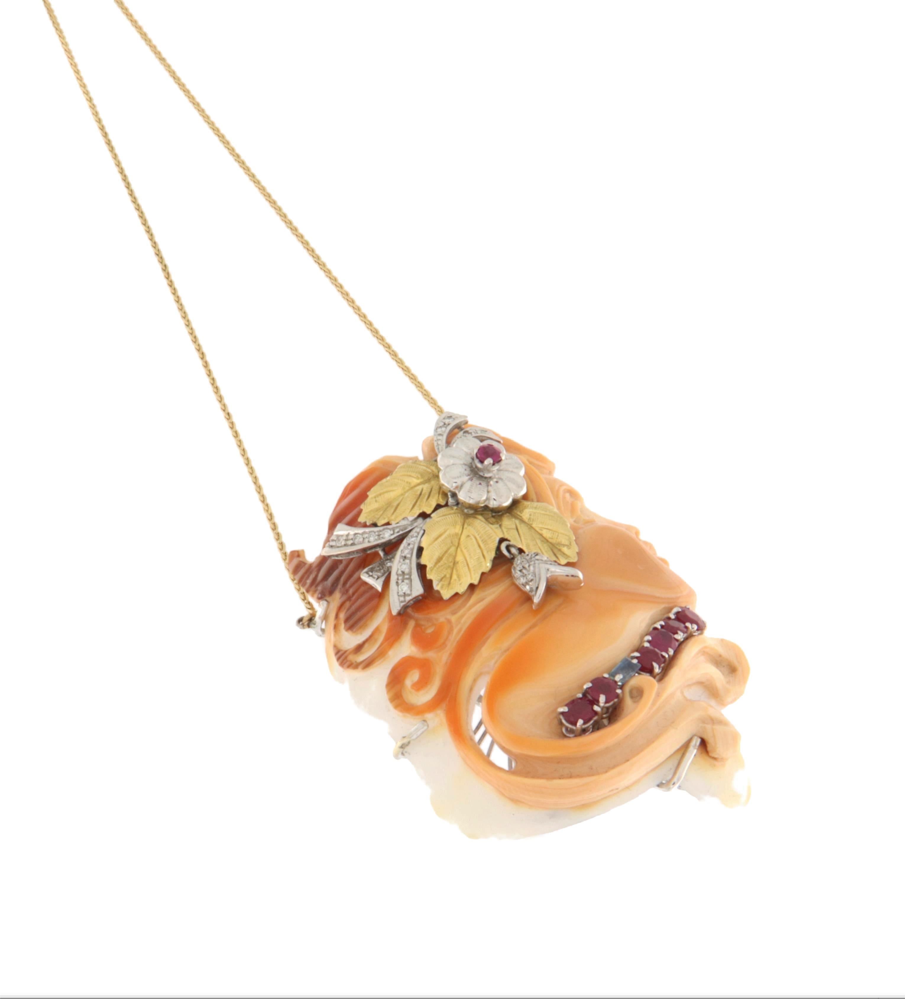 Artisan Cameo Coral Diamonds Rubies 18 Karat Yellow And White Gold Pendant Necklace For Sale