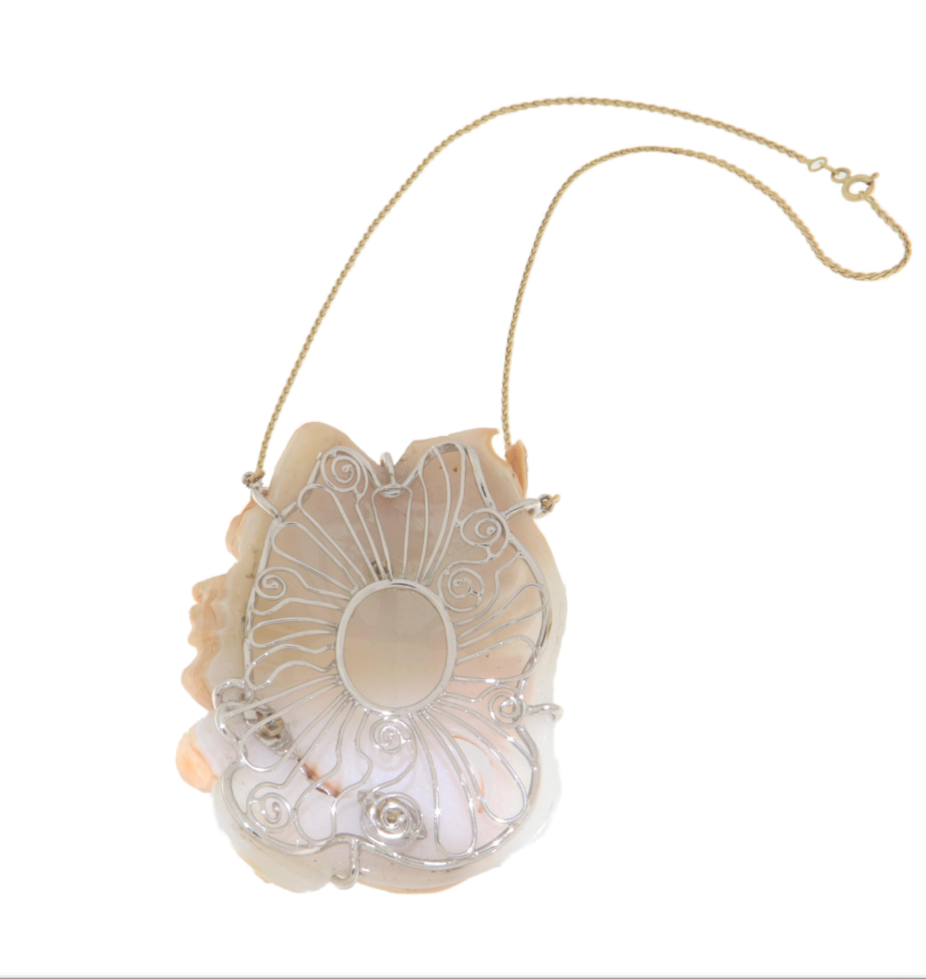 Brilliant Cut Cameo Coral Diamonds Rubies 18 Karat Yellow And White Gold Pendant Necklace For Sale