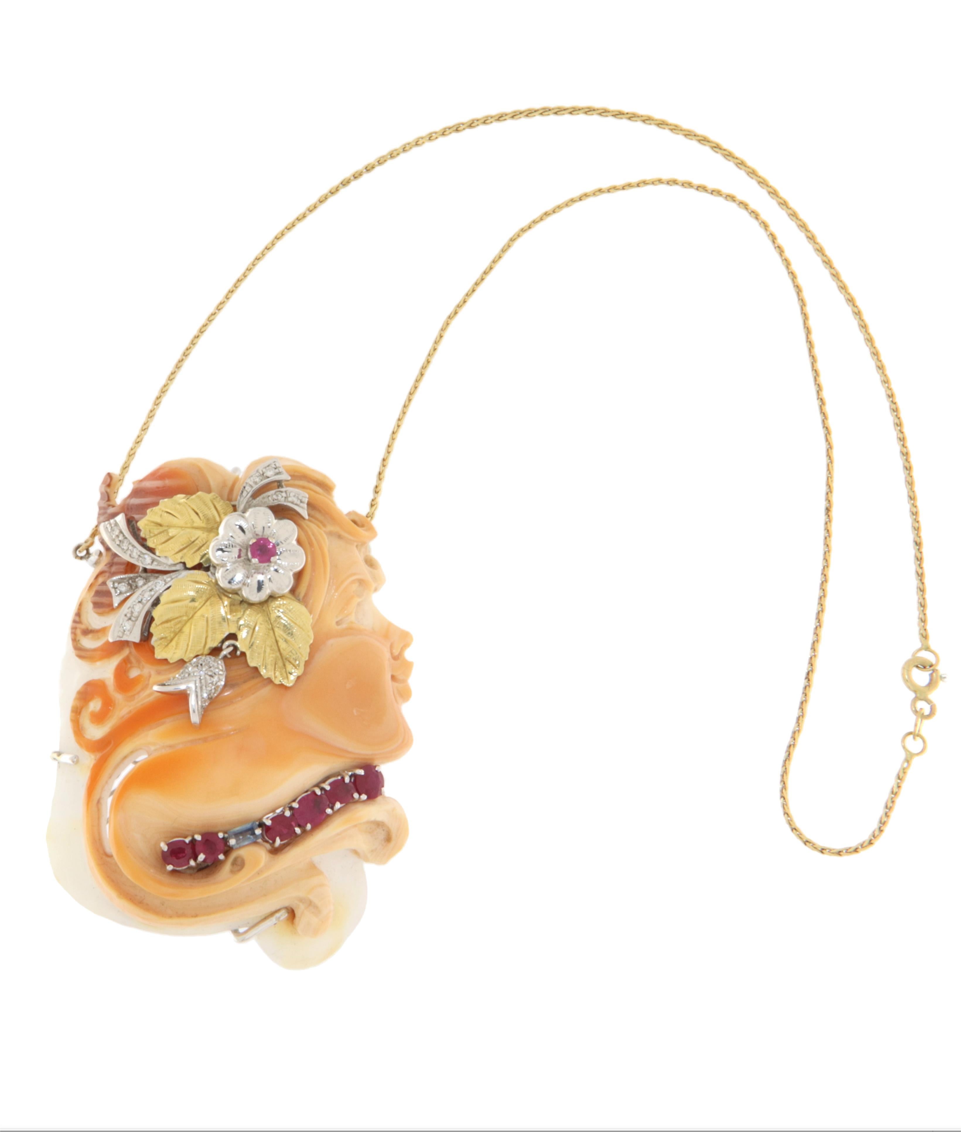 Cameo Coral Diamonds Rubies 18 Karat Yellow And White Gold Pendant Necklace In New Condition For Sale In Marcianise, IT