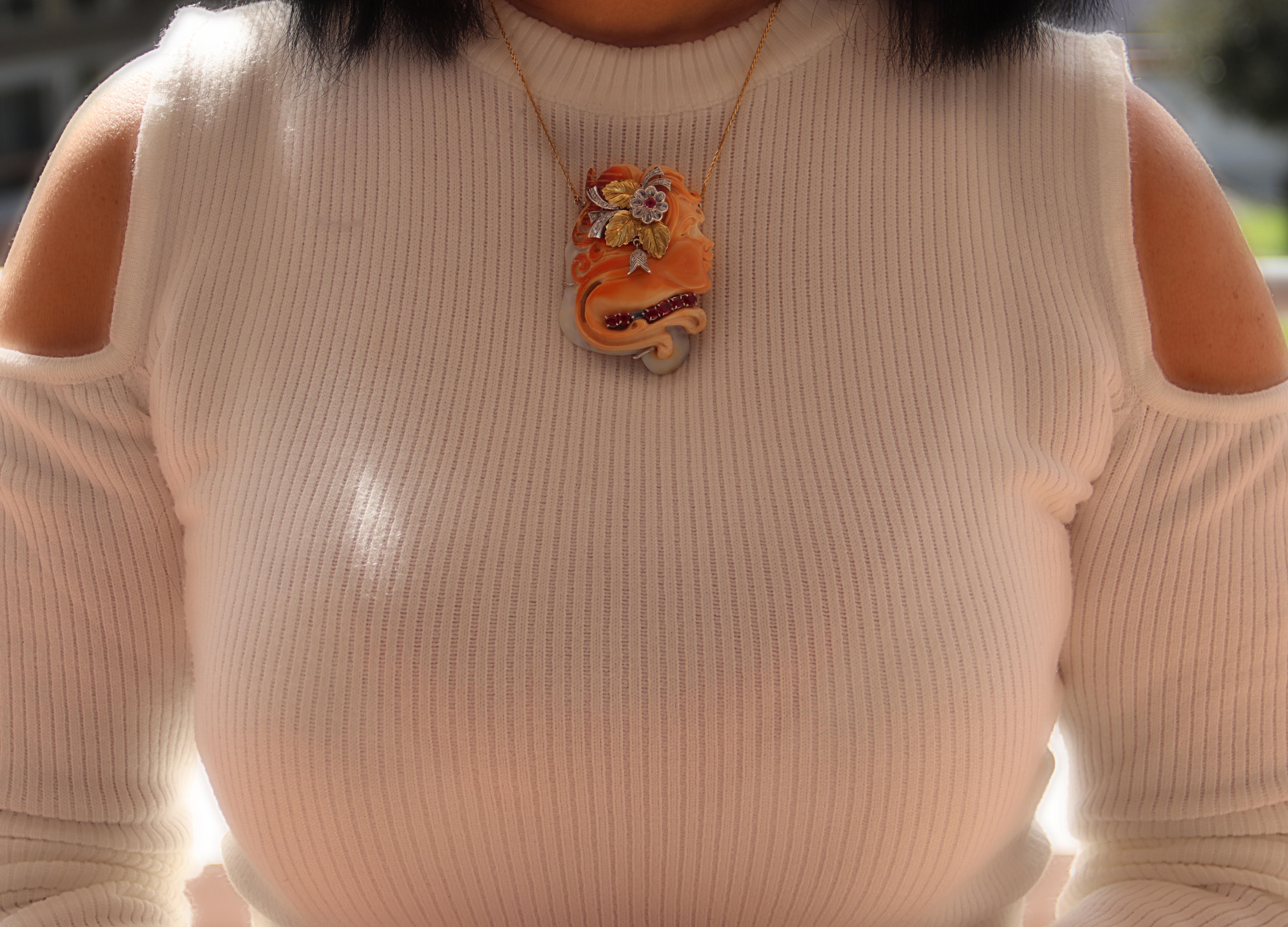 Women's Cameo Coral Diamonds Rubies 18 Karat Yellow And White Gold Pendant Necklace For Sale