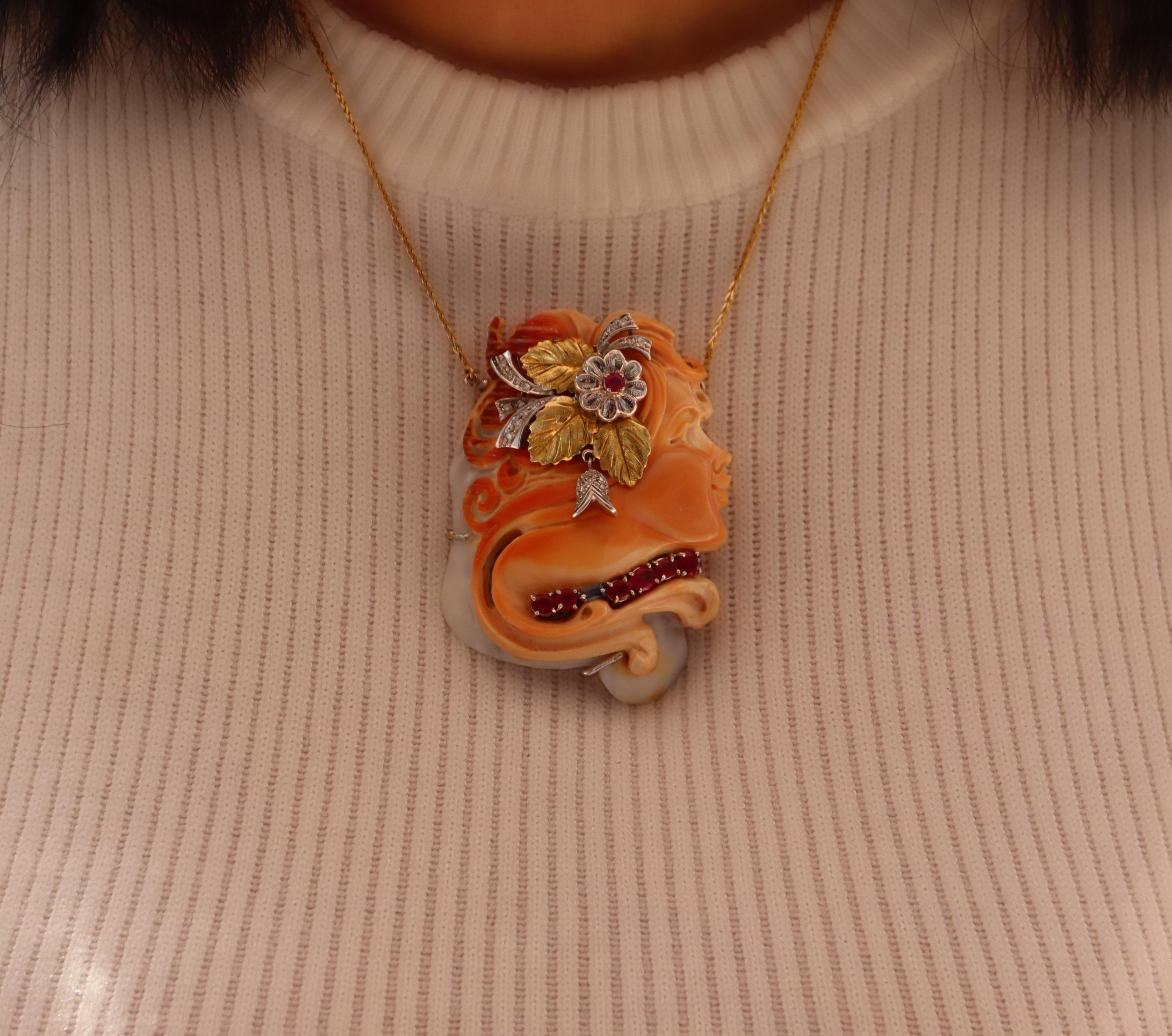 Cameo Coral Diamonds Rubies 18 Karat Yellow And White Gold Pendant Necklace For Sale 1