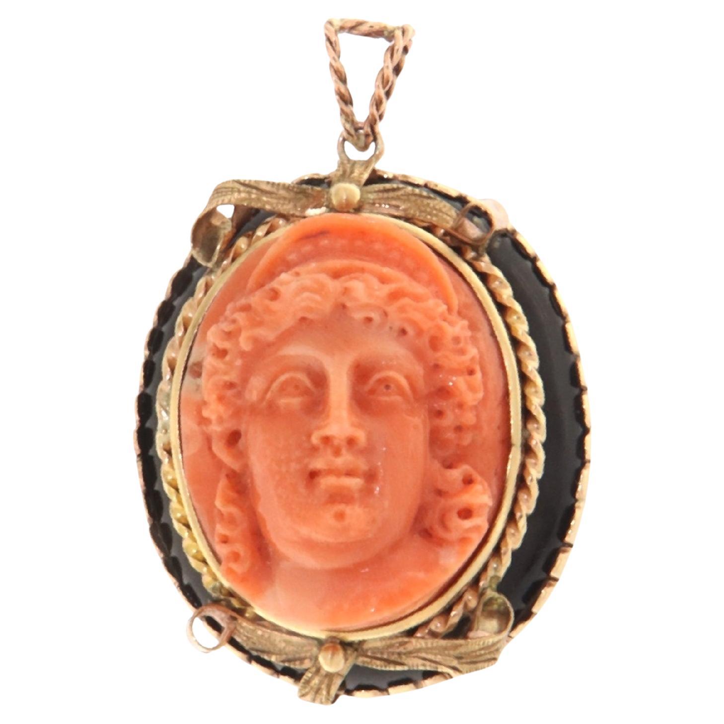 Cameo Coral Onyx Yellow Gold 9 Karat Pendant Necklace For Sale