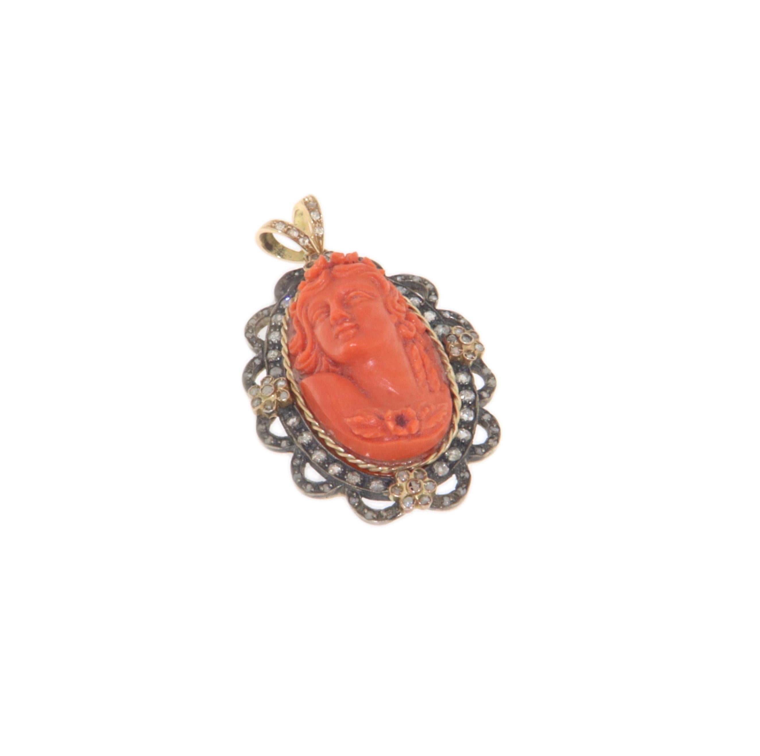 Artisan Cameo Coral Rose Cut Diamonds 14 Karat Yellow Gold Pendant Necklace For Sale