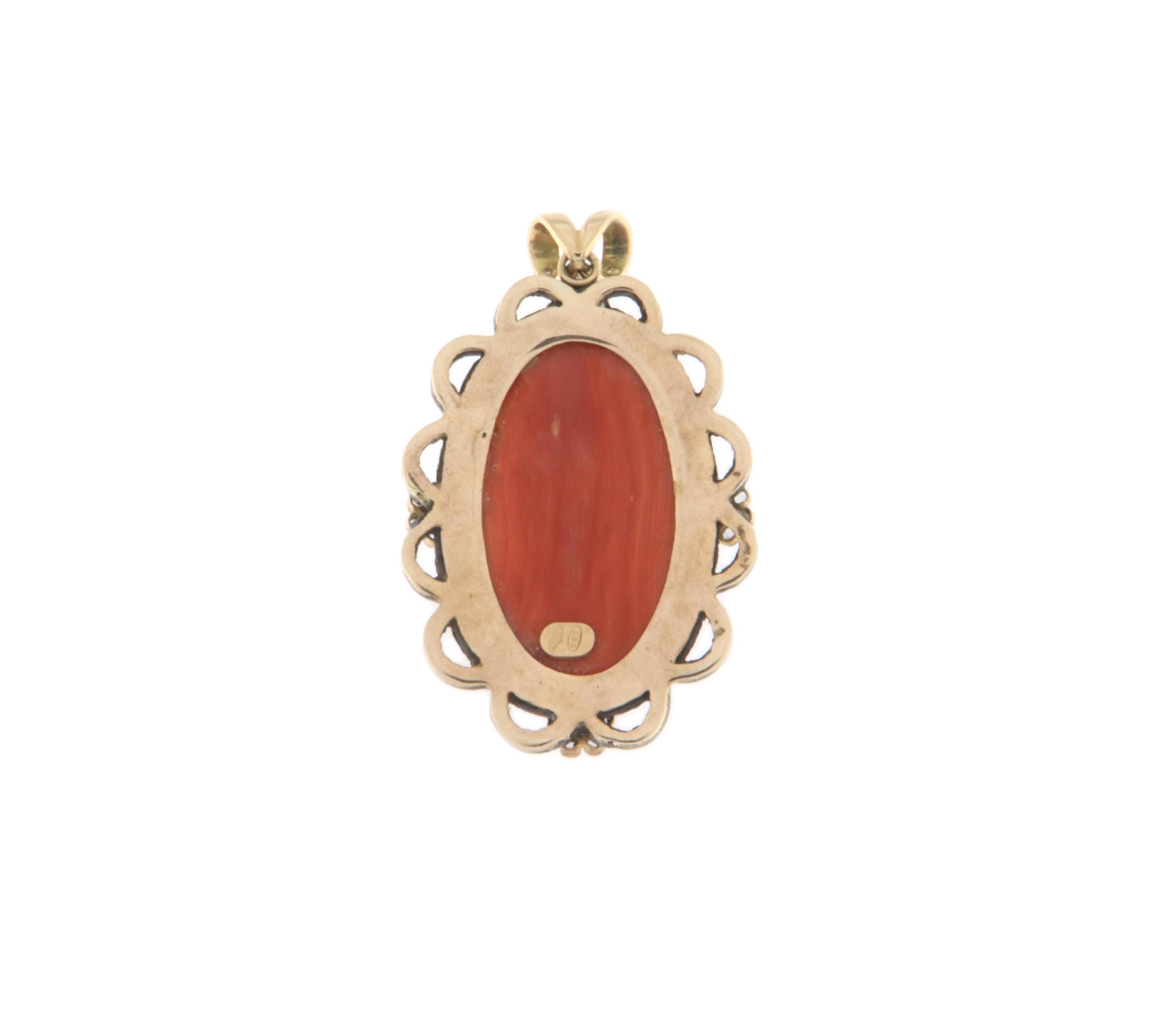 Cameo Coral Rose Cut Diamonds 14 Karat Yellow Gold Pendant Necklace For Sale 1