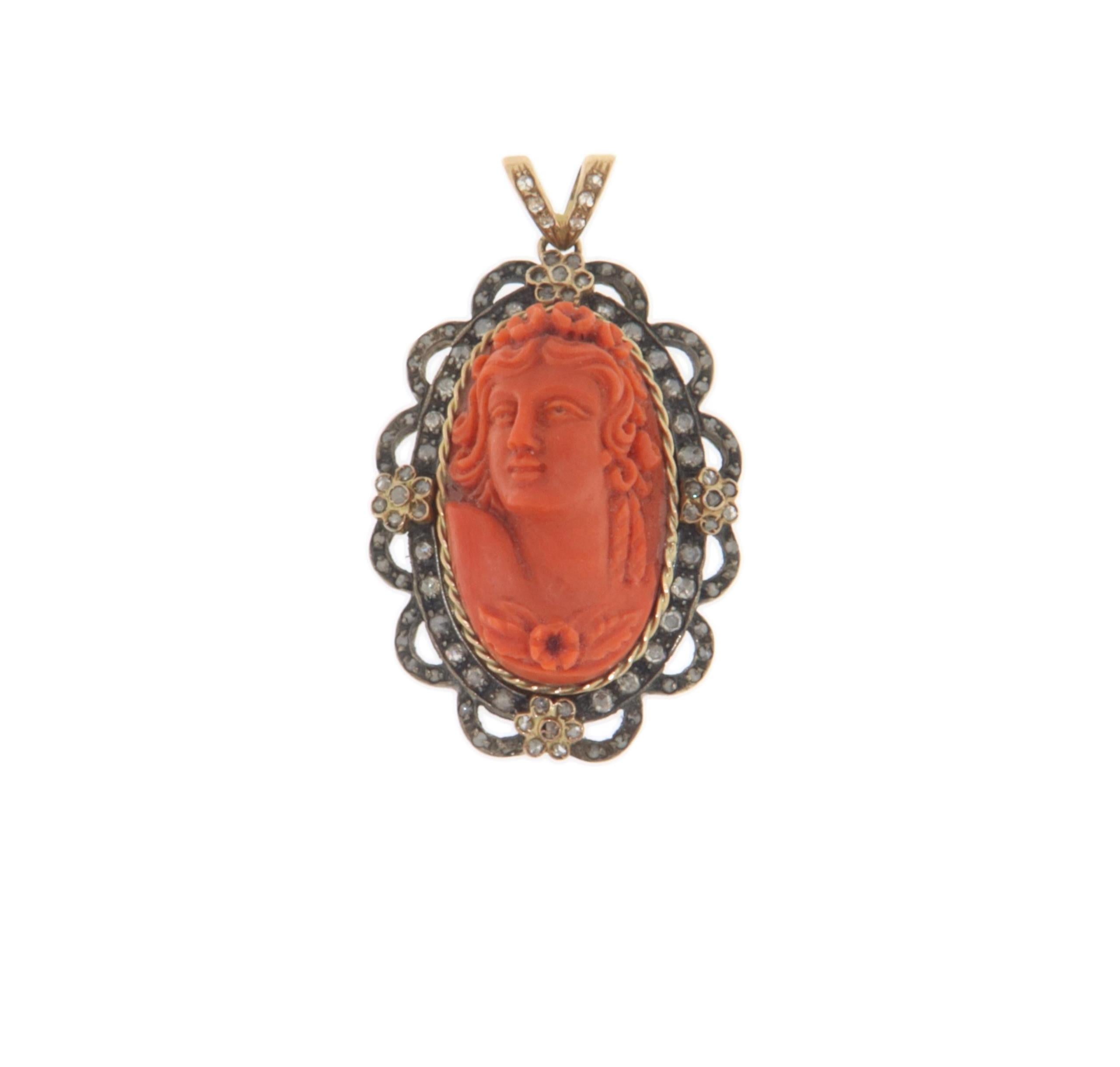 Cameo Coral Rose Cut Diamonds 14 Karat Yellow Gold Pendant Necklace For Sale 2