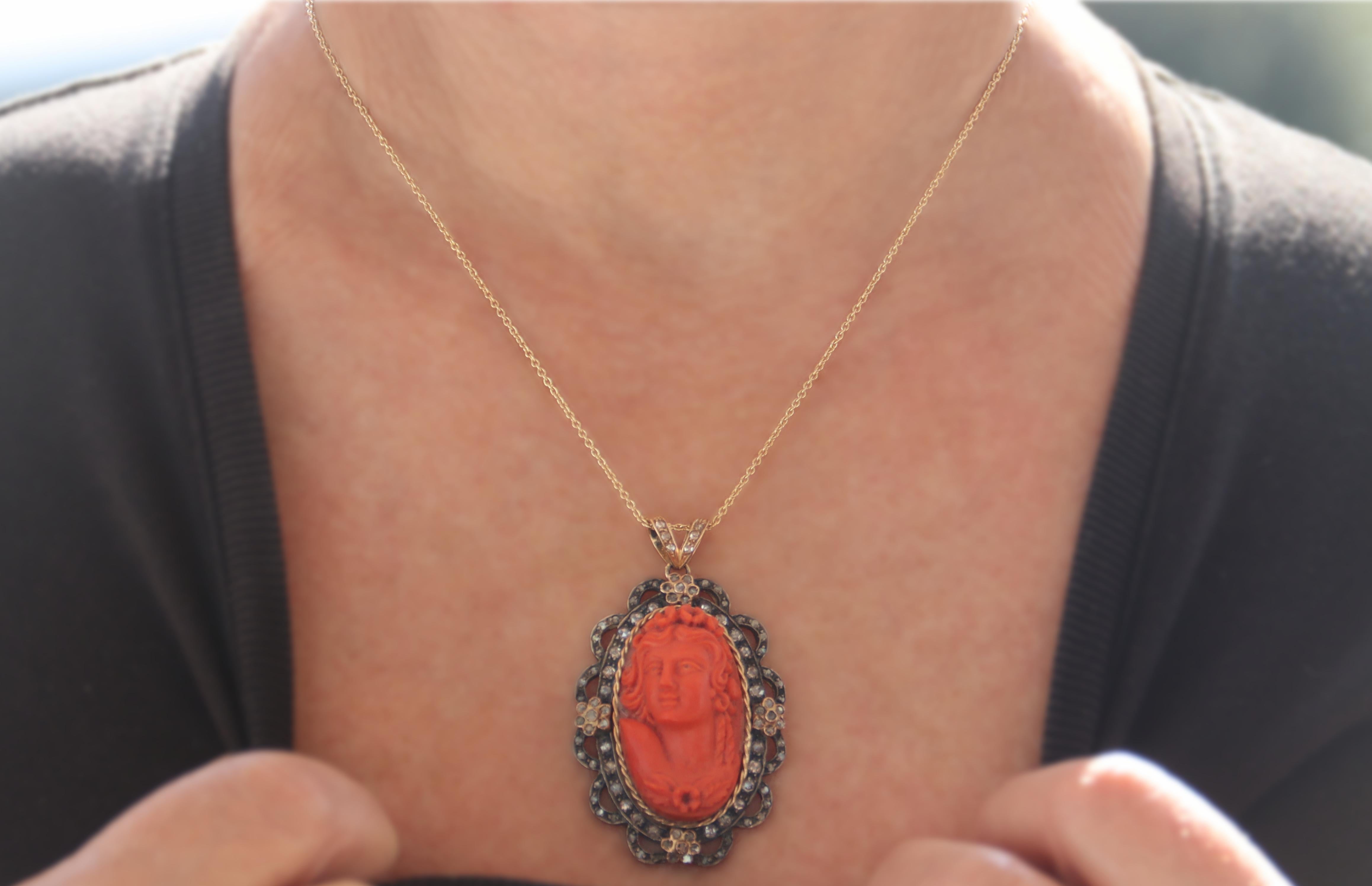 Cameo Coral Rose Cut Diamonds 14 Karat Yellow Gold Pendant Necklace For Sale 3