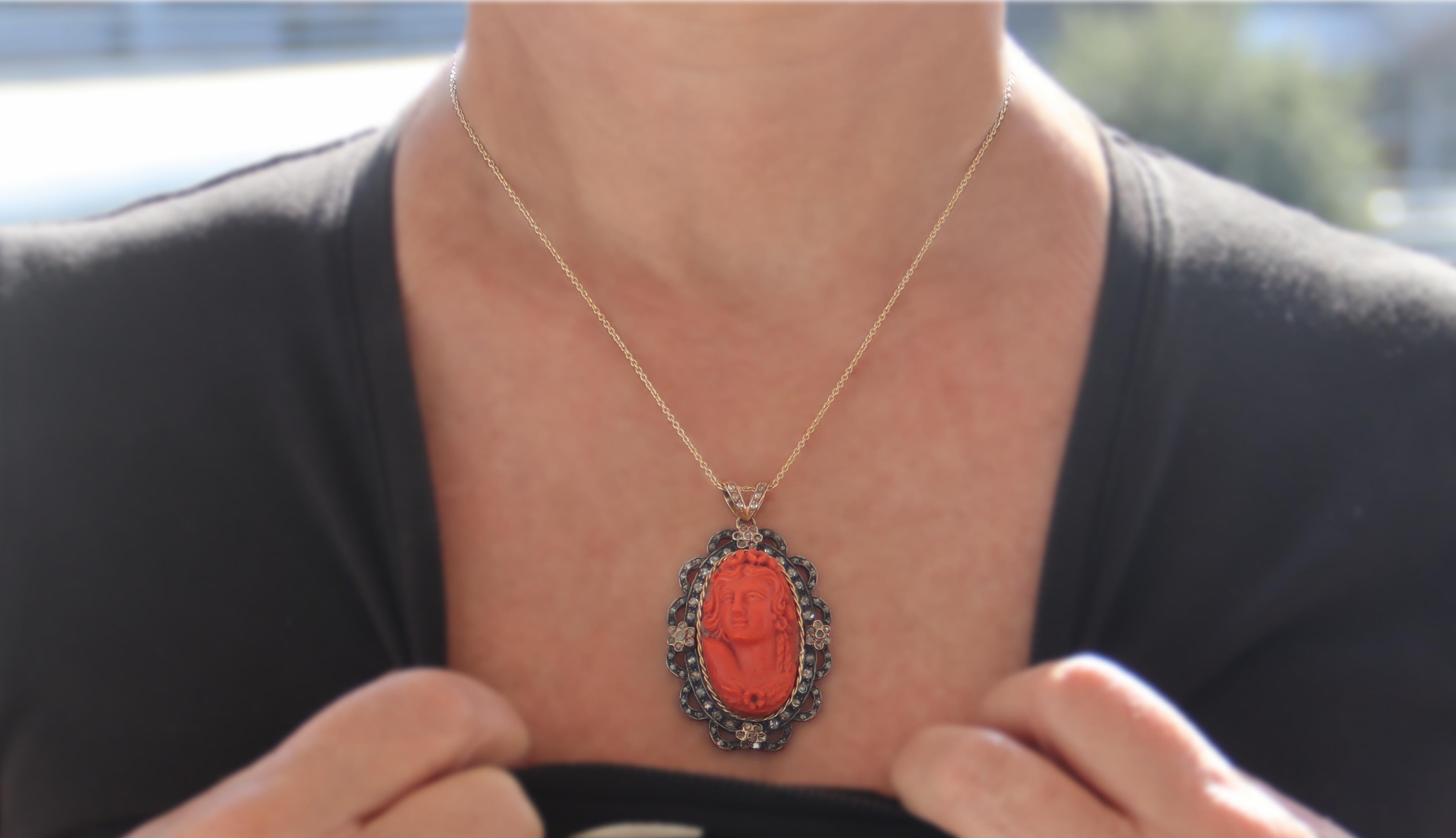 Cameo Coral Rose Cut Diamonds 14 Karat Yellow Gold Pendant Necklace For Sale 4