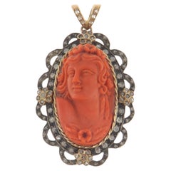 Cameo Coral Rose Cut Diamonds 14 Karat Yellow Gold Pendant Necklace