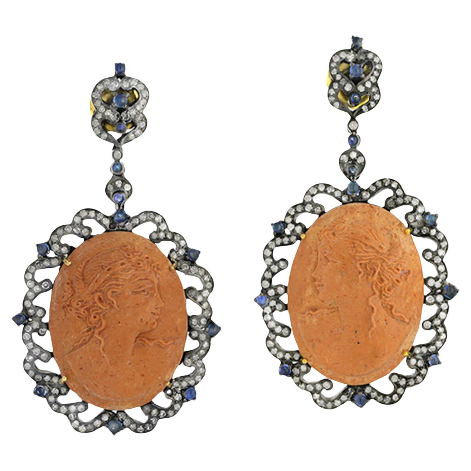 Cameo Dangle Earrings With Sapphires and Diamonds 58.90 Carats For Sale