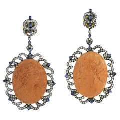 Vintage Cameo Dangle Earrings With Sapphires and Diamonds 58.90 Carats
