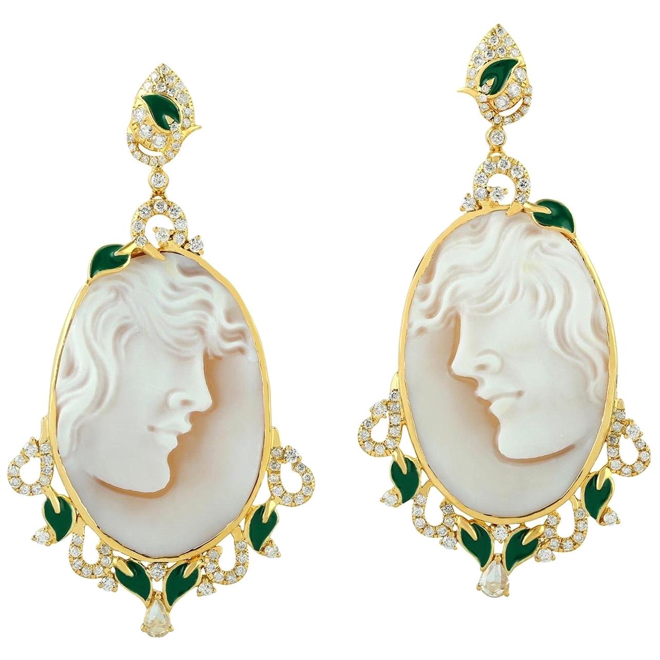 Cameo Diamond 18 Karat Gold Earrings For Sale