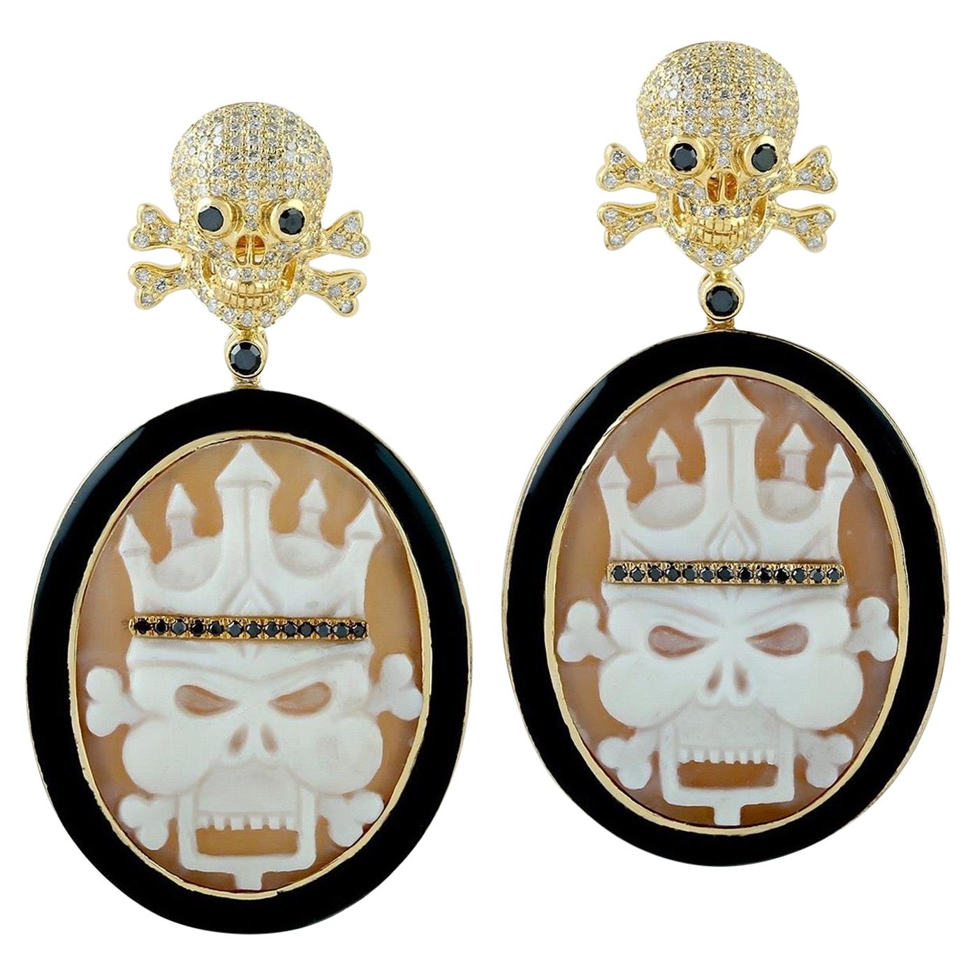 Pendientes Calavera Camafeo Diamante Oro 18 Kilates