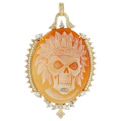 Cameo Diamond 18 Karat Gold Skull Pendant Necklace