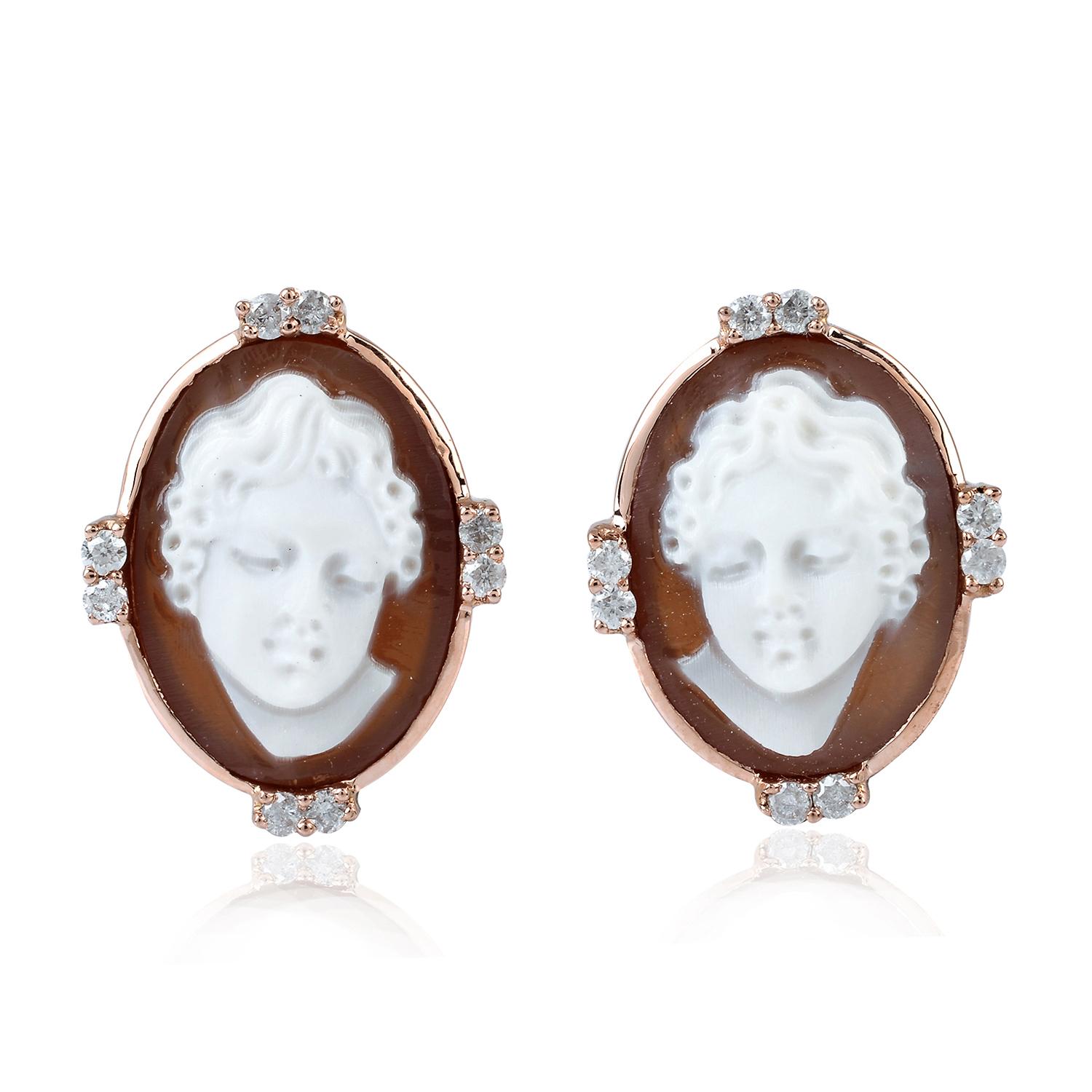 Oval Cut Cameo Diamond 18 Karat Gold Stud Earrings For Sale