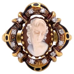 Cameo Diamond Enamel 18 Karat Yellow Gold Estate Vintage Ring