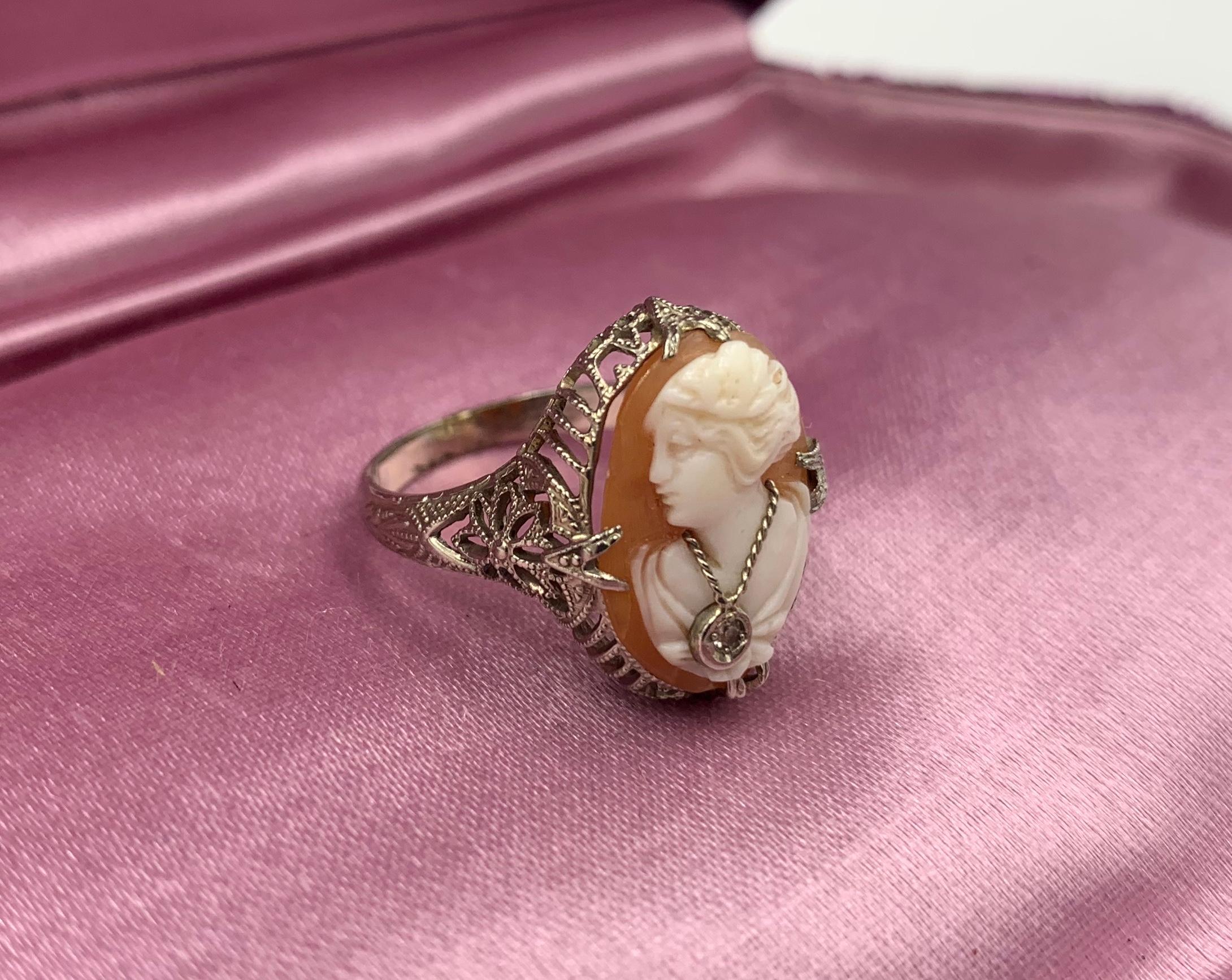Cameo Diamond Ring 14 Karat White Gold Habille Filigree Antique Belle Époque 4