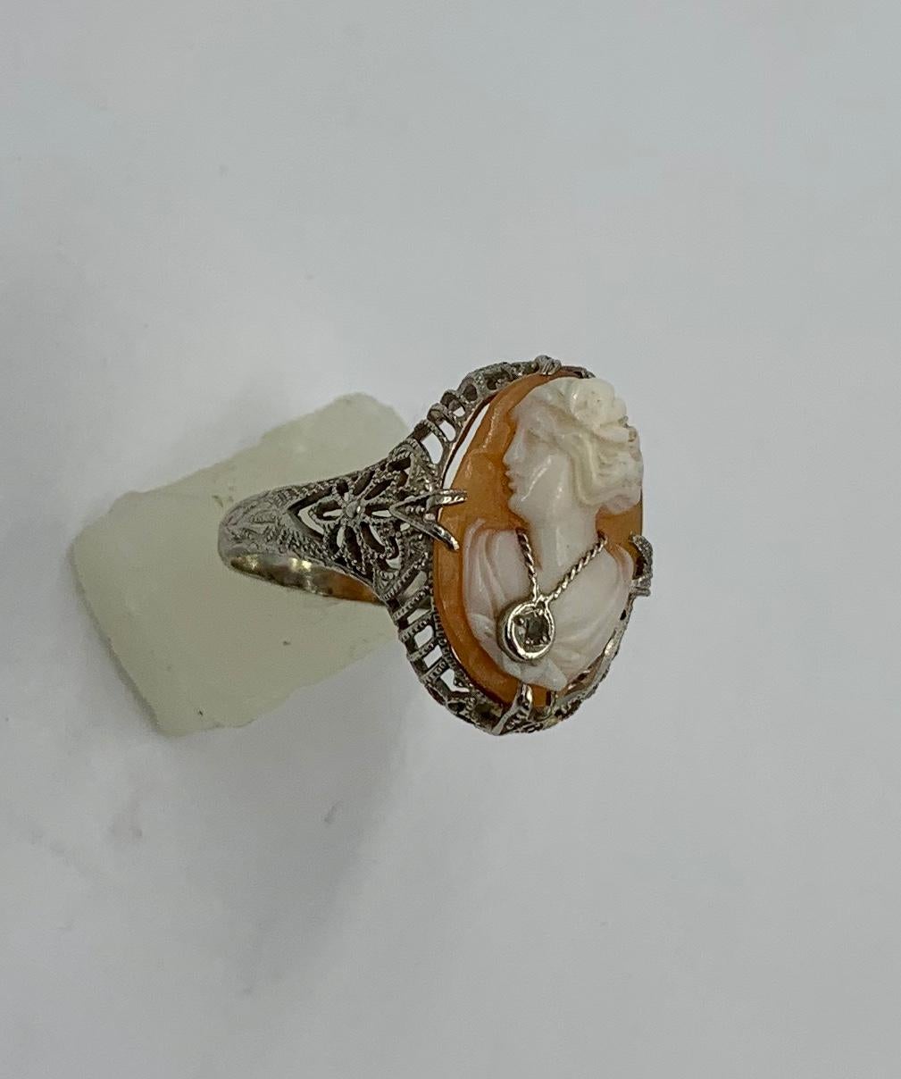Cameo Diamond Ring 14 Karat White Gold Habille Filigree Antique Belle Époque 5