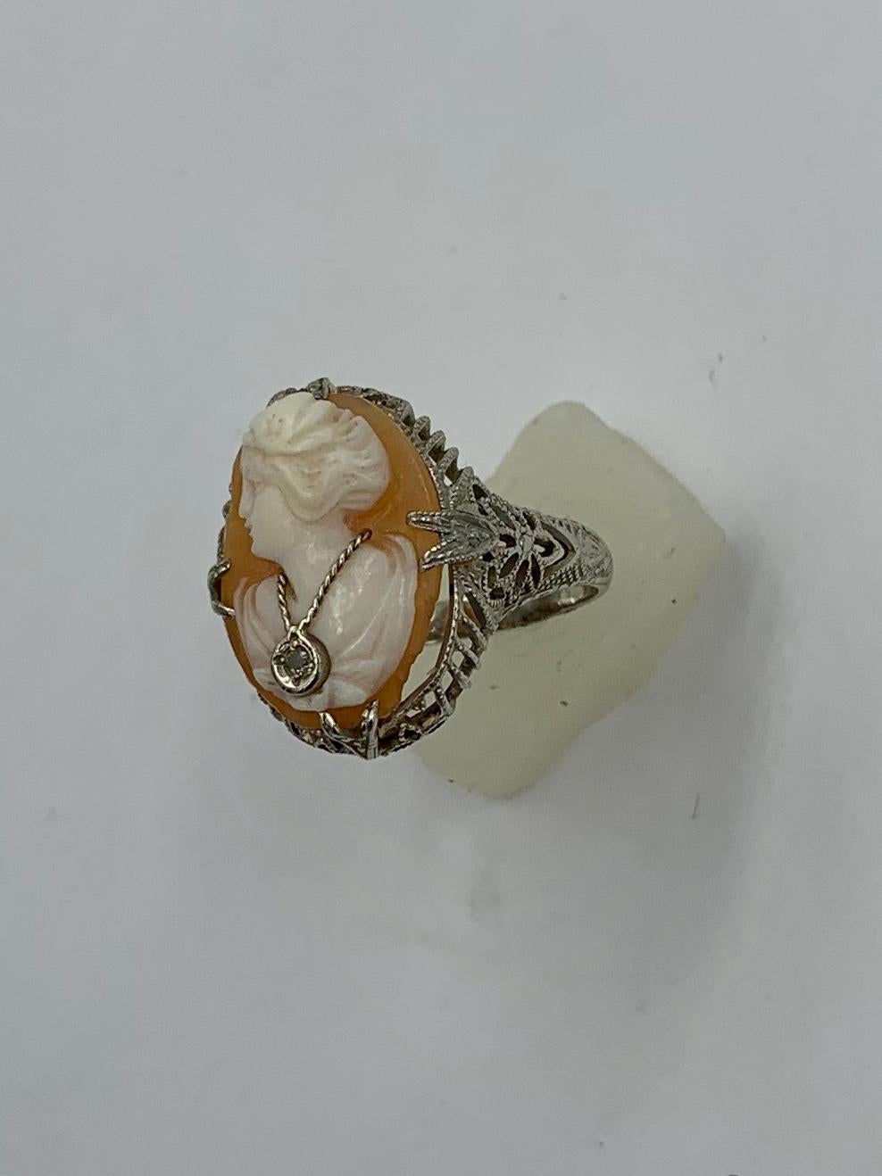 Cameo Diamond Ring 14 Karat White Gold Habille Filigree Antique Belle Époque 6