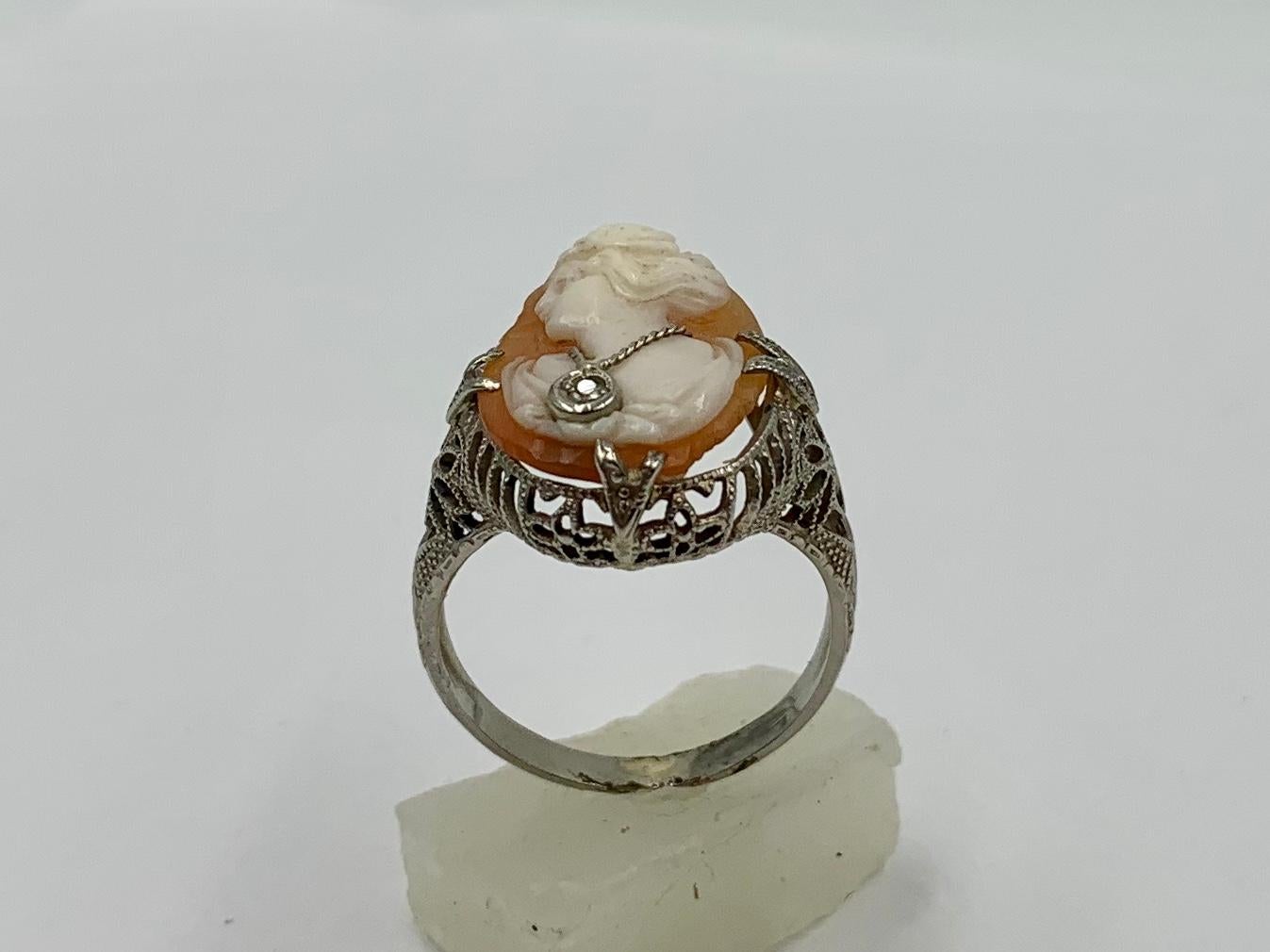Cameo Diamond Ring 14 Karat White Gold Habille Filigree Antique Belle Époque 7