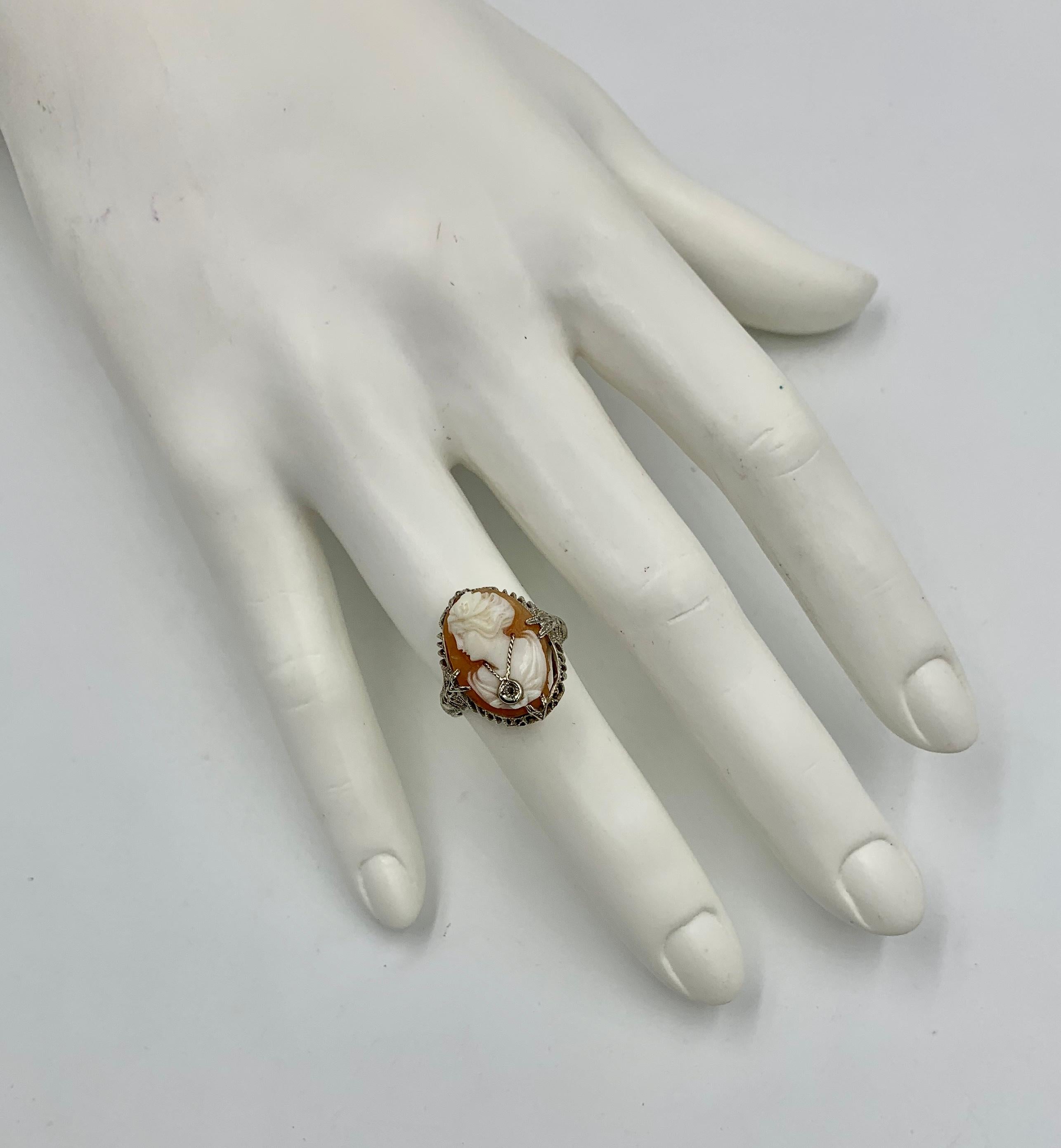 Women's Cameo Diamond Ring 14 Karat White Gold Habille Filigree Antique Belle Époque