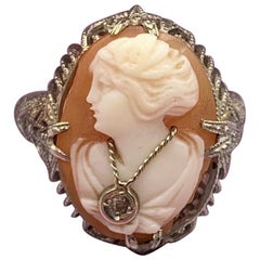 Cameo Diamond Ring 14 Karat White Gold Habille Filigree Antique Belle Époque