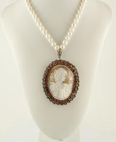Cameo, Diamonds, Blue Sapphires, Garnets, 9k Rose Gold & Silver Pearl Necklace