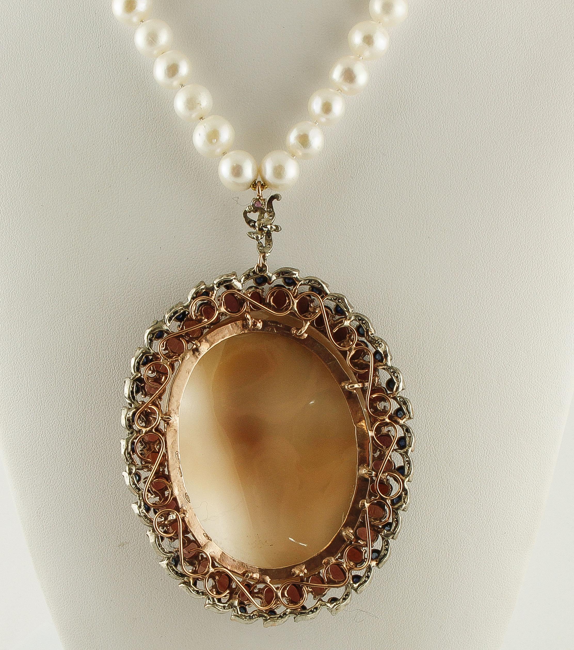 Retro Cameo, Diamonds, Blue Sapphires, Garnets, 9k Rose Gold & Silver Pearl Necklace For Sale