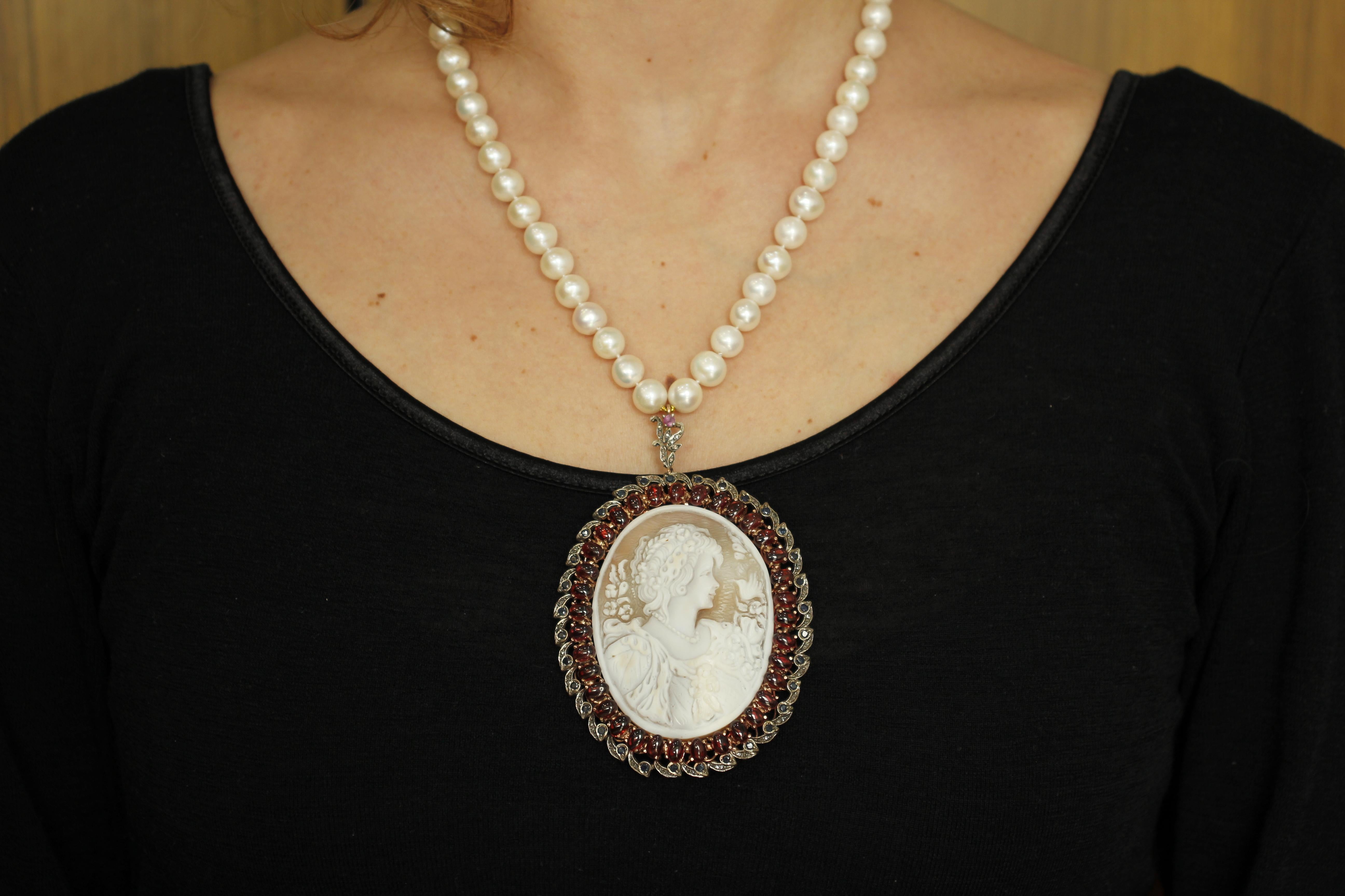 Women's Cameo, Diamonds, Blue Sapphires, Garnets, 9k Rose Gold & Silver Pearl Necklace For Sale