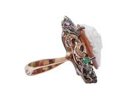 Cameo, Diamonds, Emeralds, Rubies, Sapphires, Rose Gold and Silver Ring.