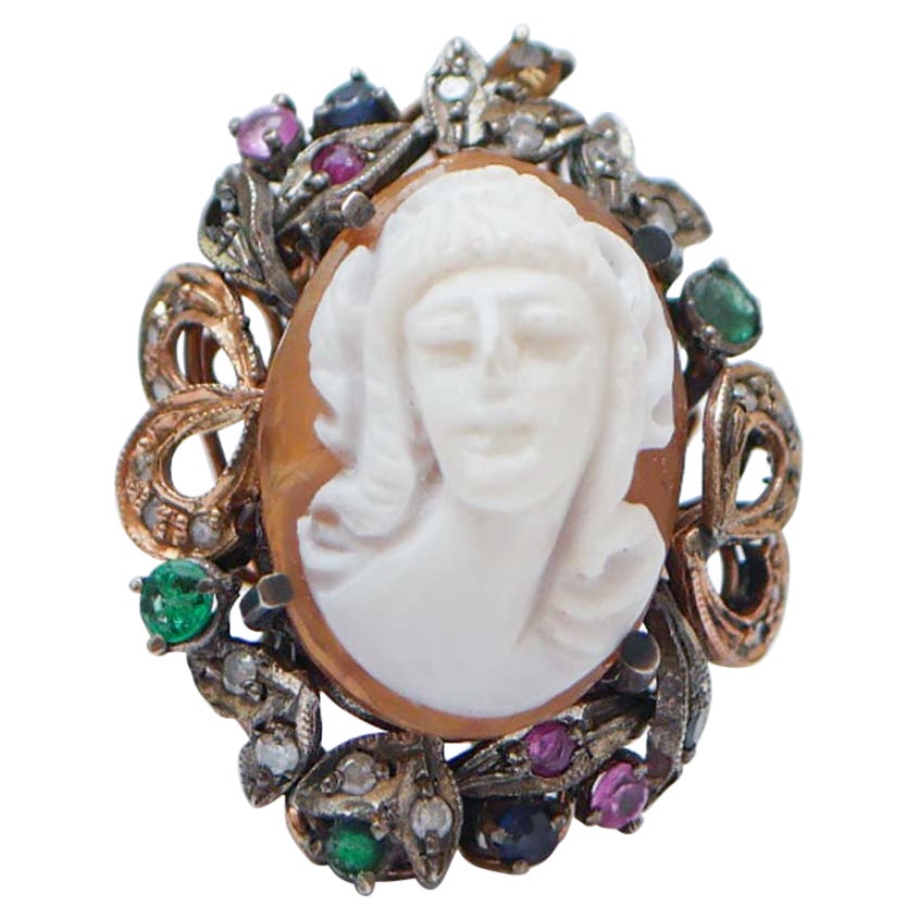 Cameo, Diamonds, Emeralds, Rubies, Sapphires, Rose Gold and Silver Ring. For Sale