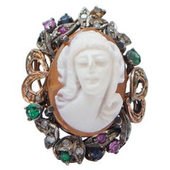 Cameo, Diamonds, Emeralds, Rubies, Sapphires, Rose Gold and Silver Ring.
