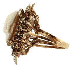 Cameo, Diamonds, Garnets 9 Karat Rose Gold and Silver Ring