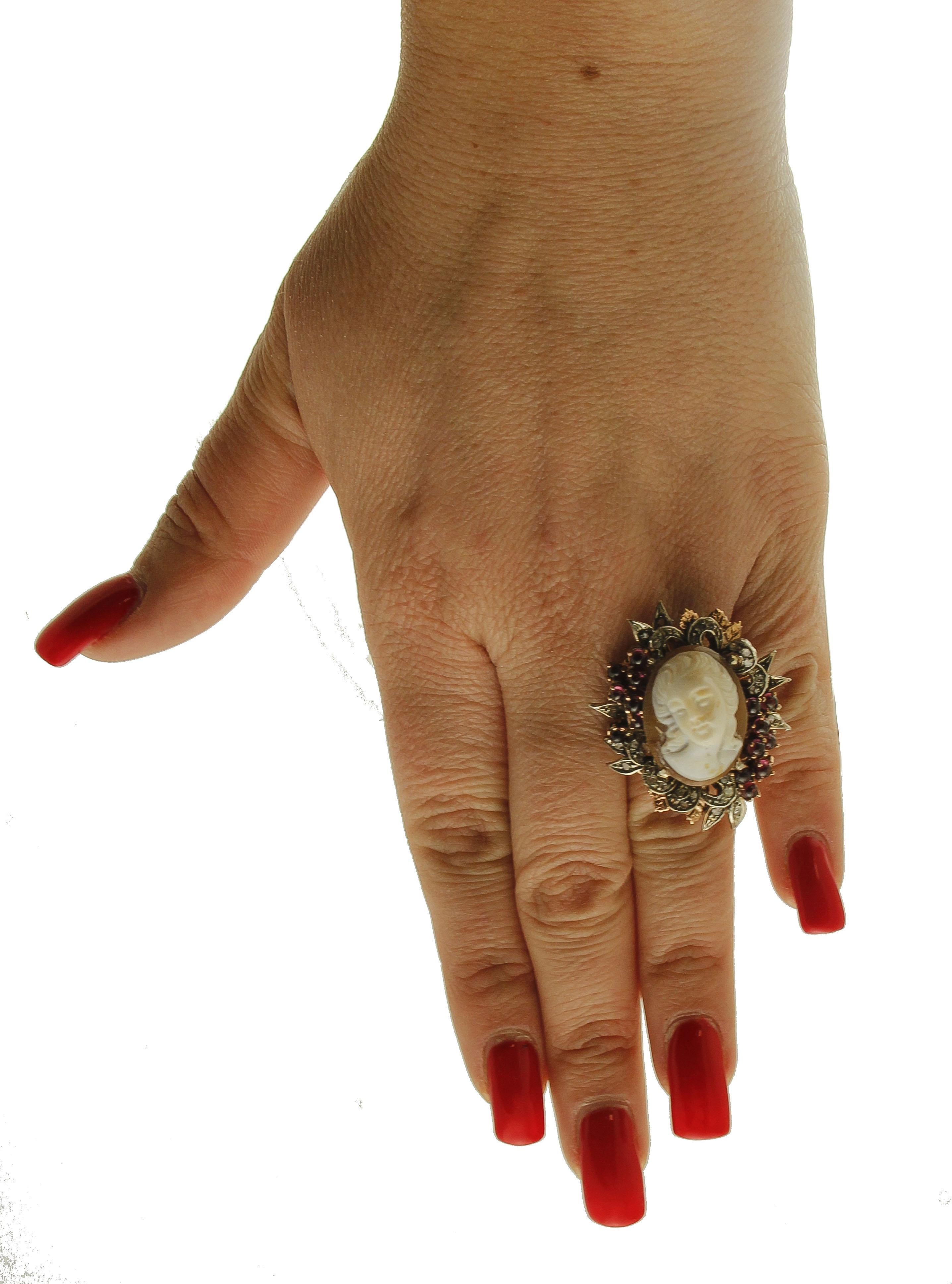 Women's Cameo, Diamonds, Garnets 9 Karat Rose Gold and Silver Ring For Sale