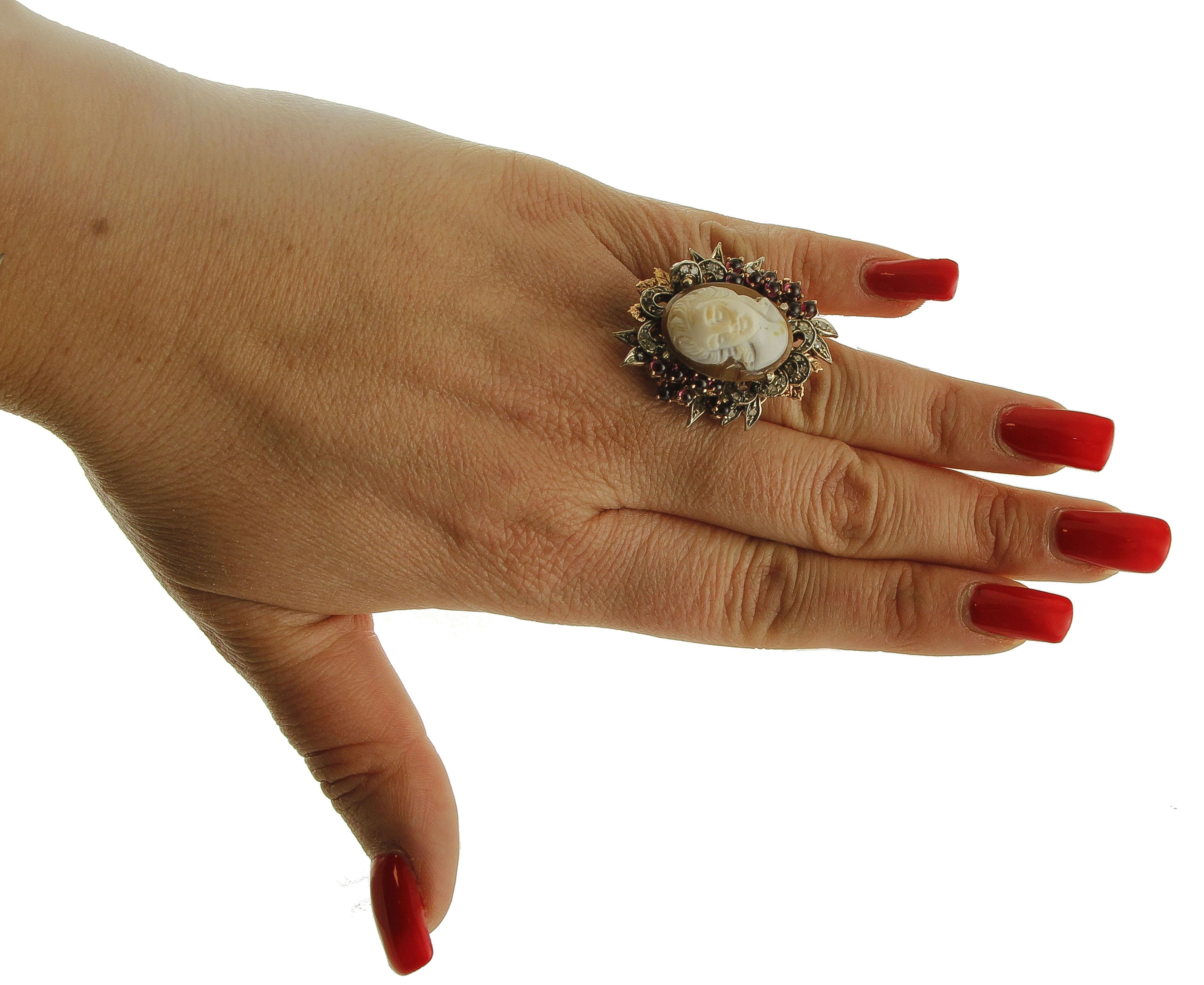 Cameo, Diamonds, Garnets 9 Karat Rose Gold and Silver Ring For Sale 1