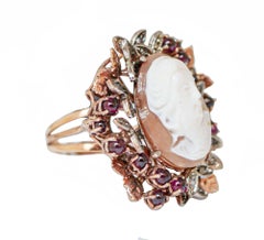 Cameo, Diamonds, Garnets, Rose Gold and Silver Ring.