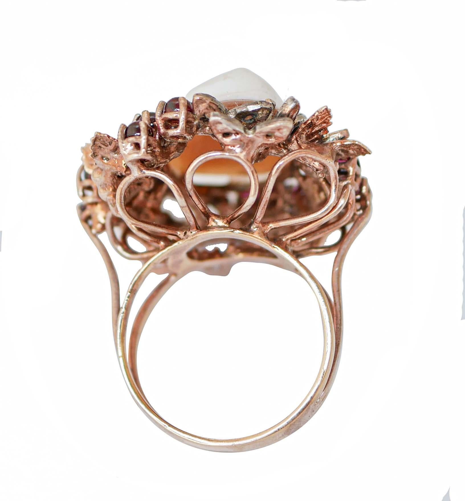Retro Cameo, Diamonds, Garnets, Rose Gold and Silver Ring. For Sale