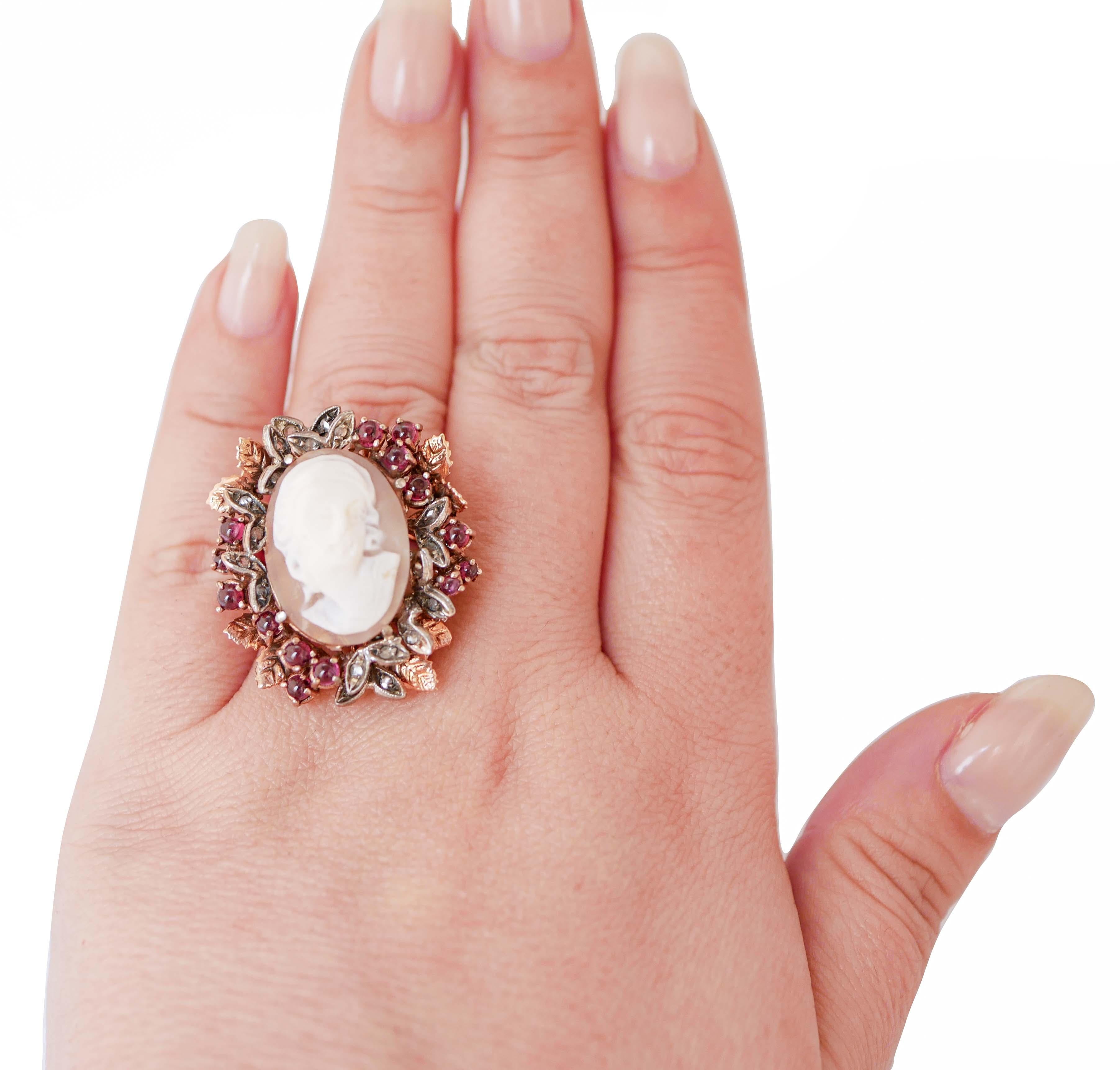 Mixed Cut Cameo, Diamonds, Garnets, Rose Gold and Silver Ring. For Sale