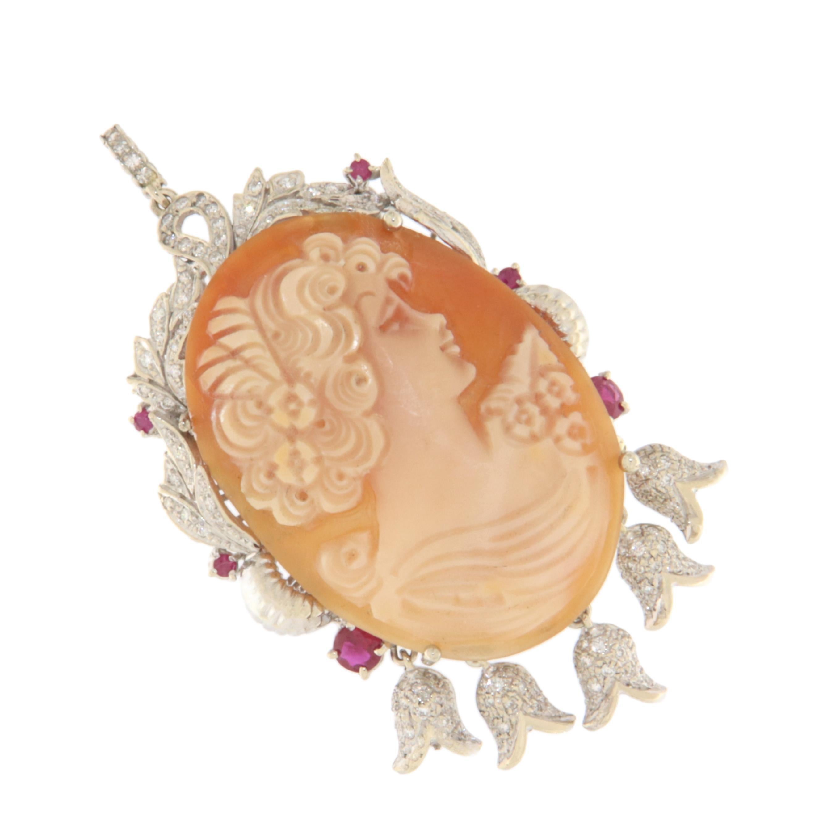 This exquisite pendant is a stunning example of fine craftsmanship, featuring an 18-karat white gold setting adorned with rubies and diamonds, showcasing the elegance of classic Italian jewelry design. At the heart of the piece is a beautifully