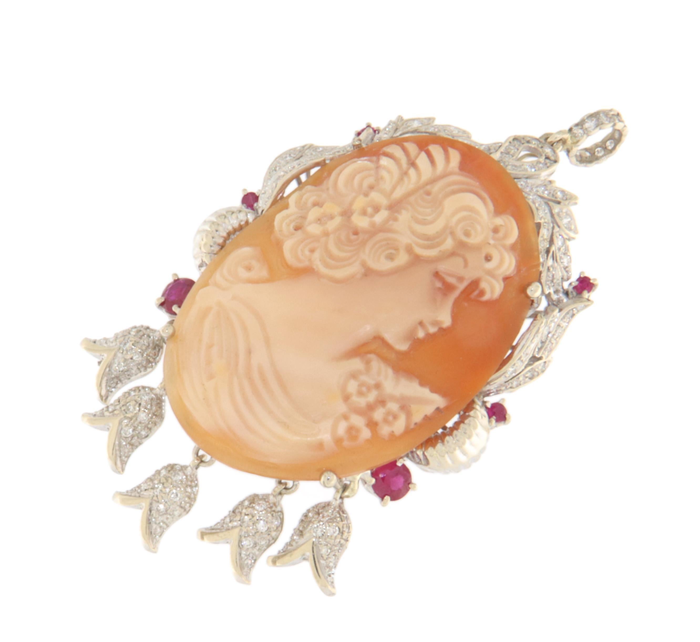 Artisan Cameo Diamonds Rubies 18 Karat White Gold Pendant Necklace For Sale