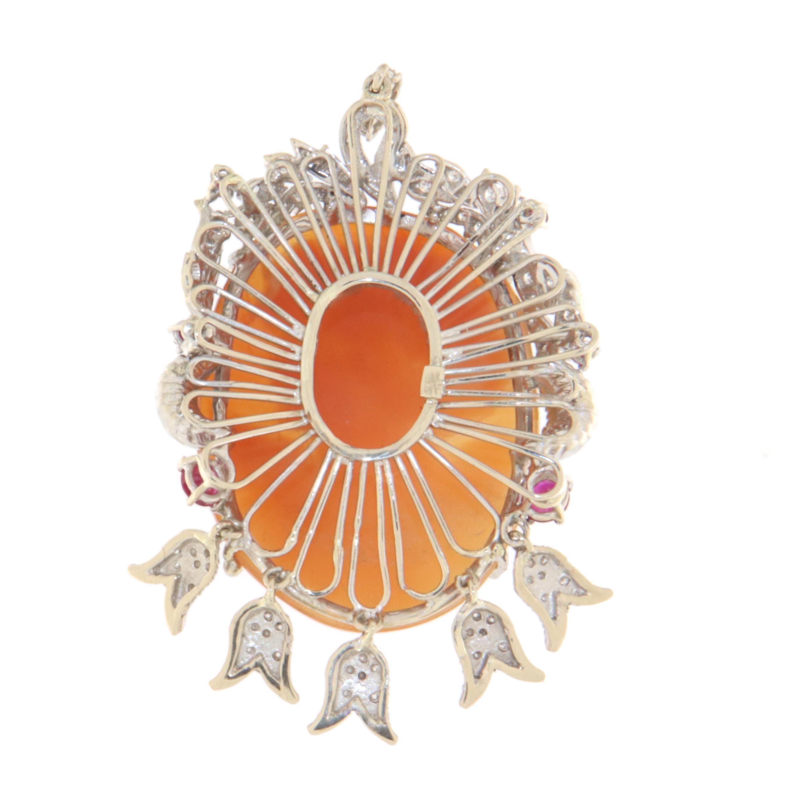 Brilliant Cut Cameo Diamonds Rubies 18 Karat White Gold Pendant Necklace For Sale