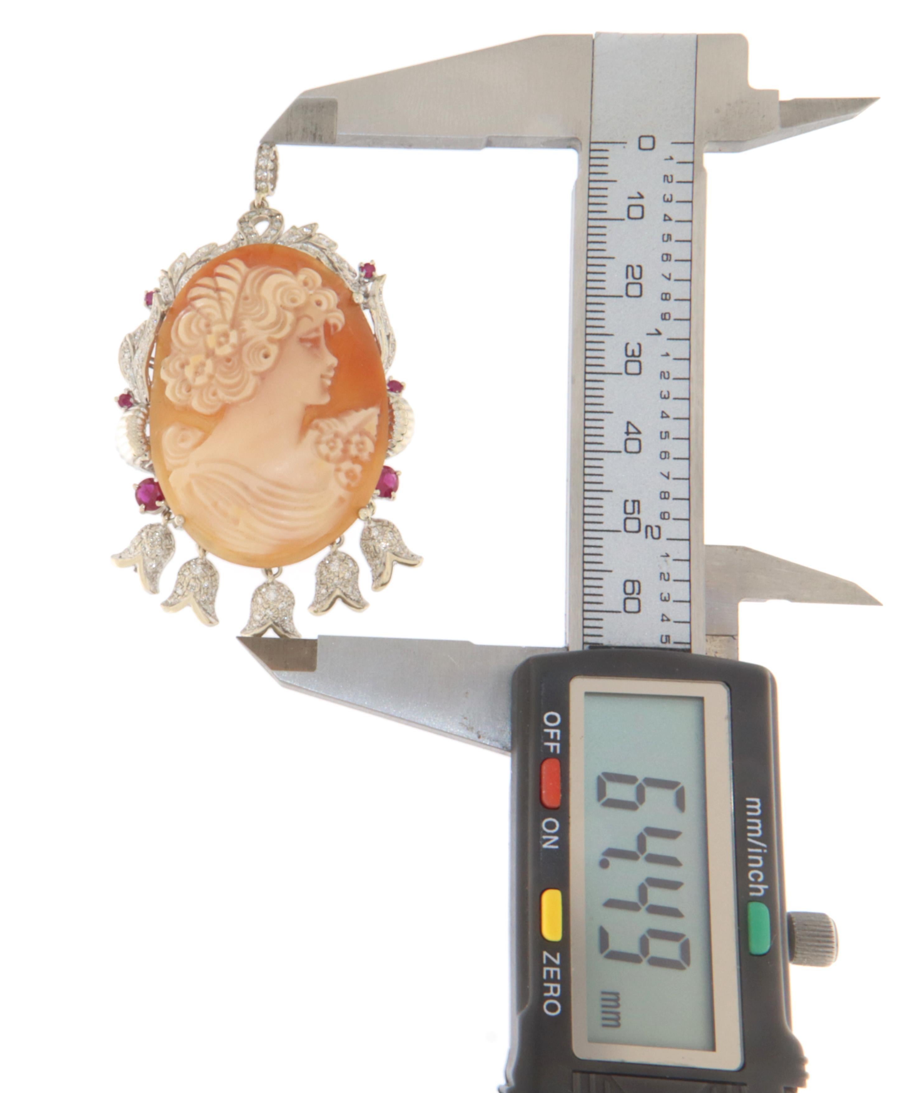 Cameo Diamonds Rubies 18 Karat White Gold Pendant Necklace In New Condition For Sale In Marcianise, IT