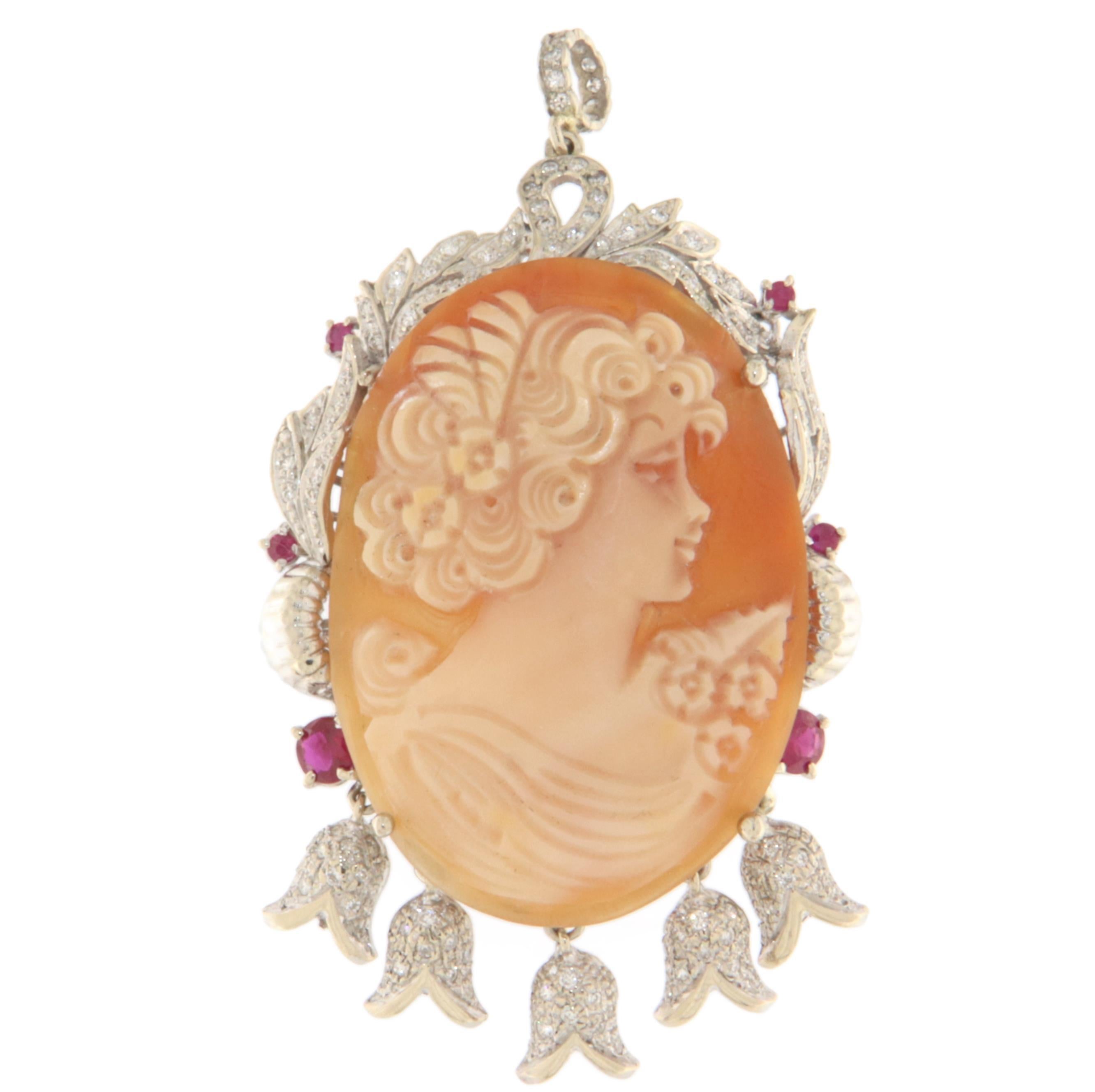 Women's Cameo Diamonds Rubies 18 Karat White Gold Pendant Necklace For Sale