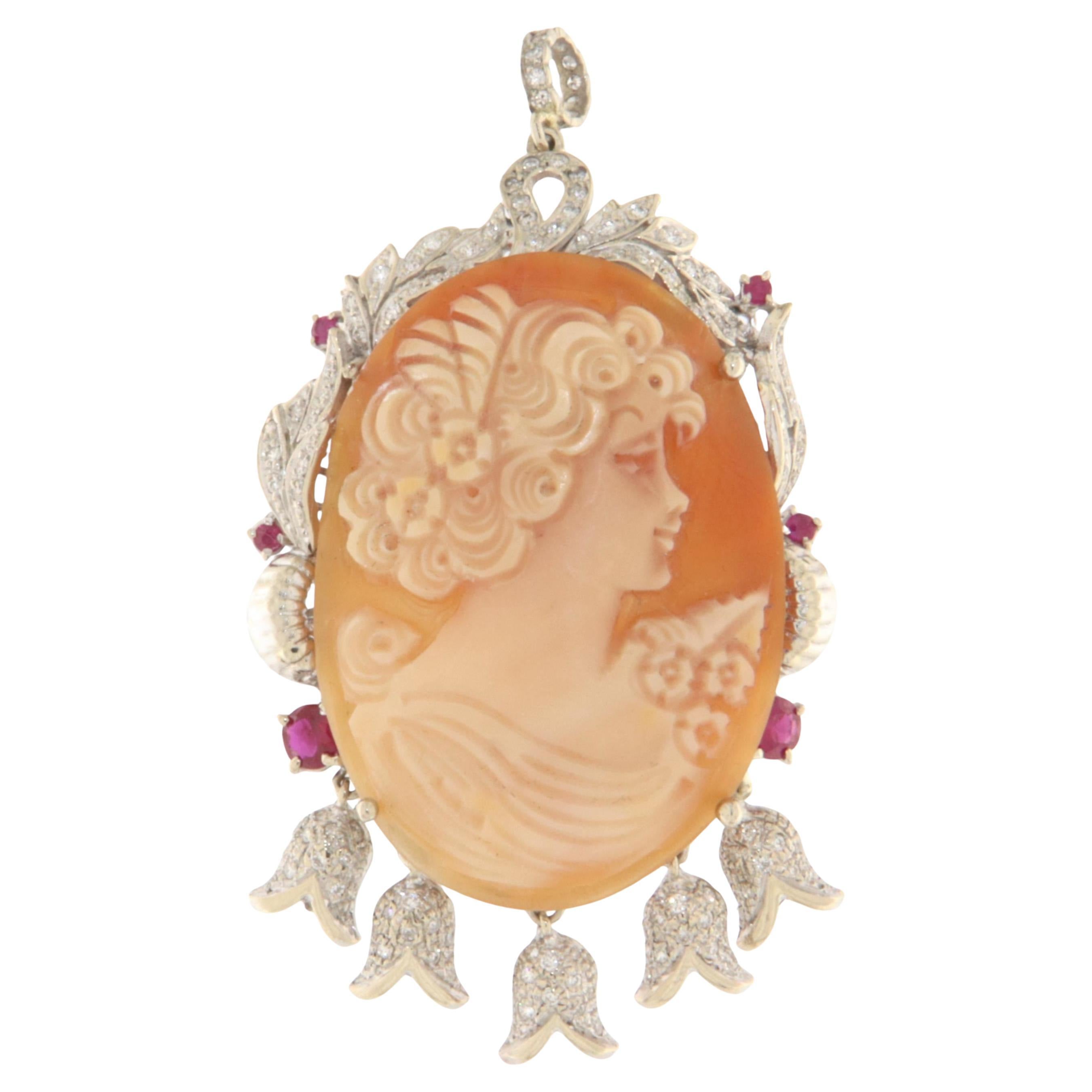 Cameo Diamonds Rubies 18 Karat White Gold Pendant Necklace For Sale