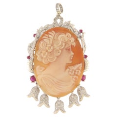 Cameo Diamonds Rubies 18 Karat White Gold Pendant Necklace