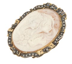 Vintage Cameo Diamond Sapphire 9K Yellow Gold Silver Brooch Bezel Setting