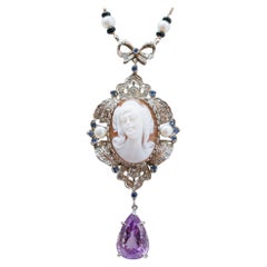 Cameo, Diamonds, Sapphires, Amethyst, Onyx, Pearls, 14KtGold and Silver Necklace