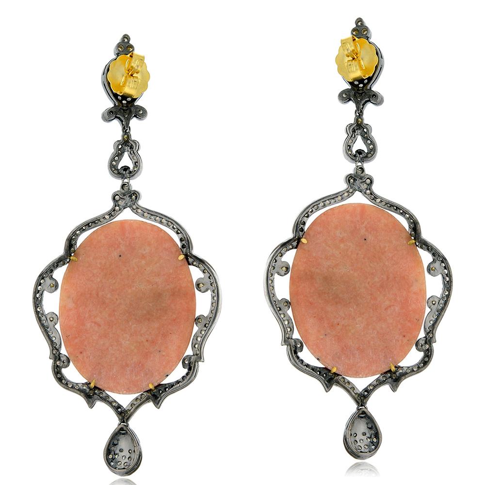 Artisan Cameo Earring with Diamonds in Silver and Gold For Sale
