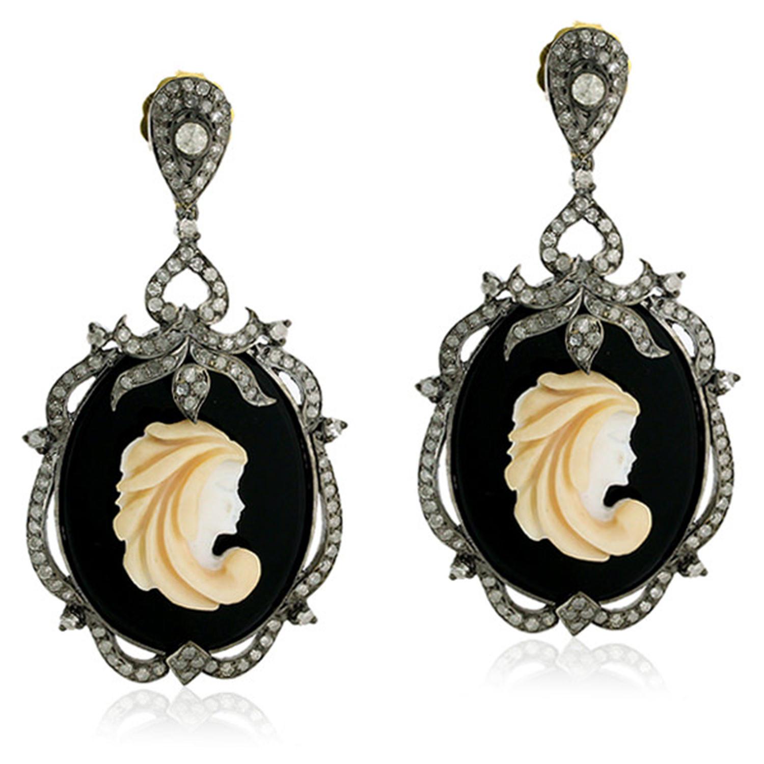 Art Deco Cameo Earring with Diamonds in Silver For Sale