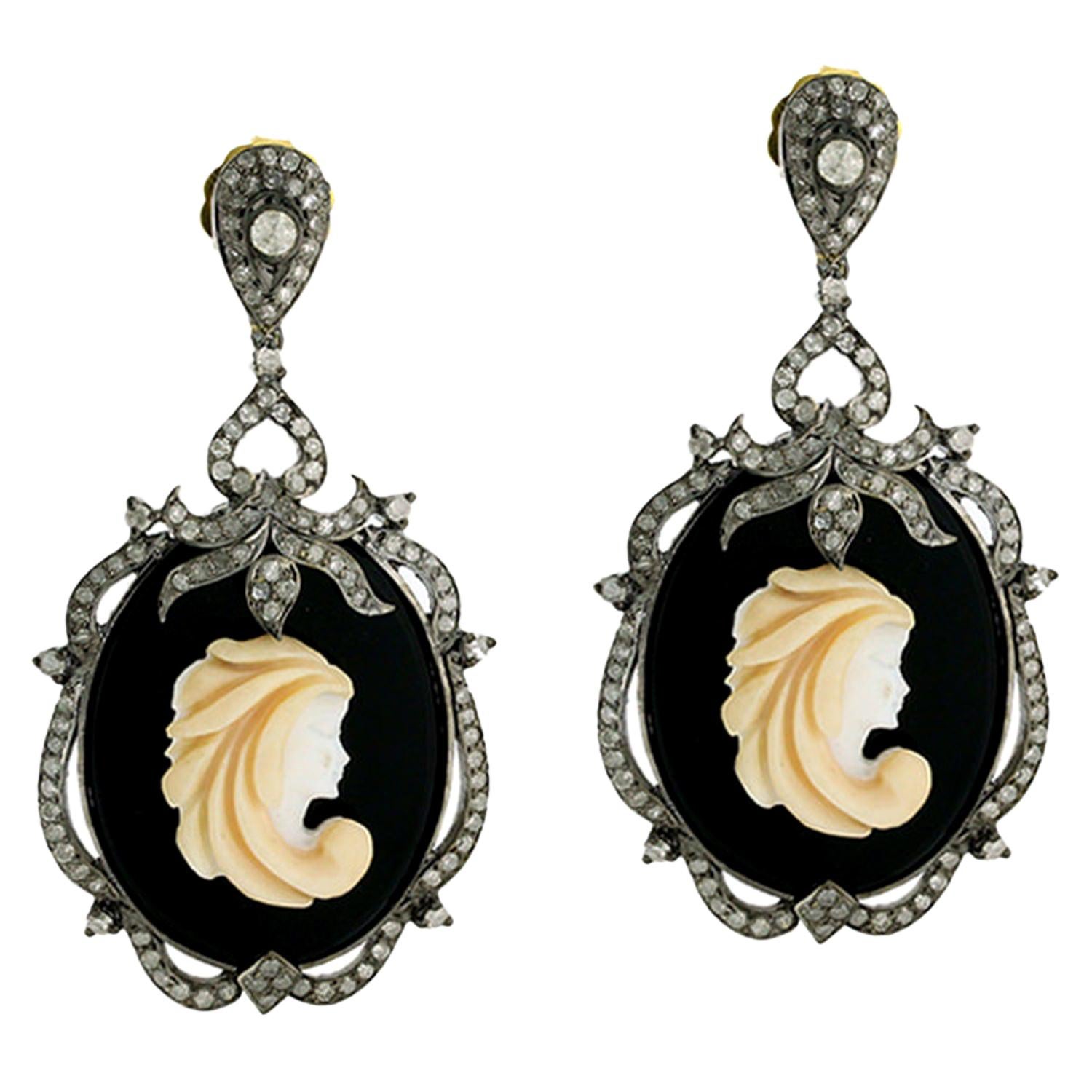 Cameo Earring with Diamonds in Silver For Sale